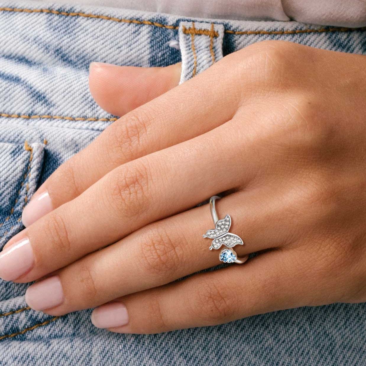 Butterfly & Heart Birthstone Cubic Zirconia Adjustable Rings for Women/girlfriend/Mother