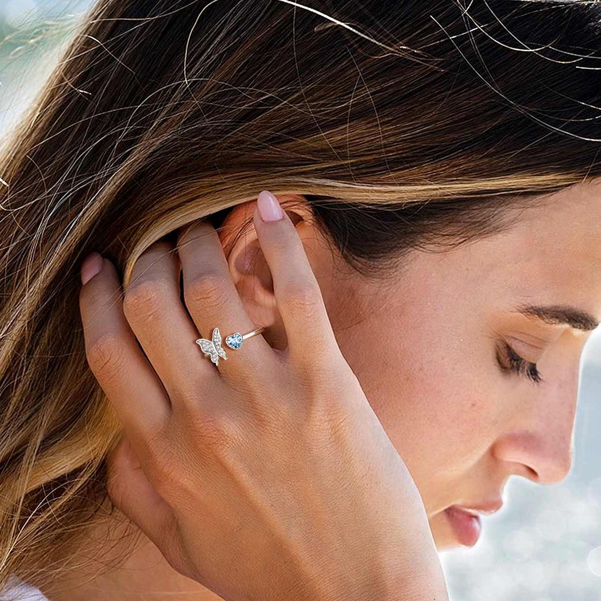 Butterfly & Heart Birthstone Cubic Zirconia Adjustable Rings for Women/girlfriend/Mother