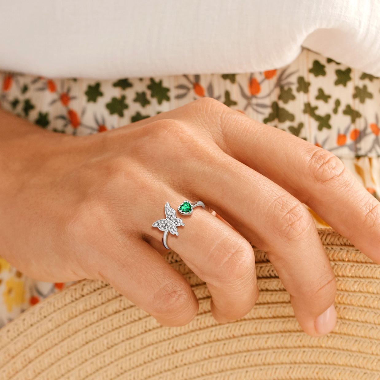 Butterfly & Heart Birthstone Cubic Zirconia Adjustable Rings for Women/girlfriend/Mother