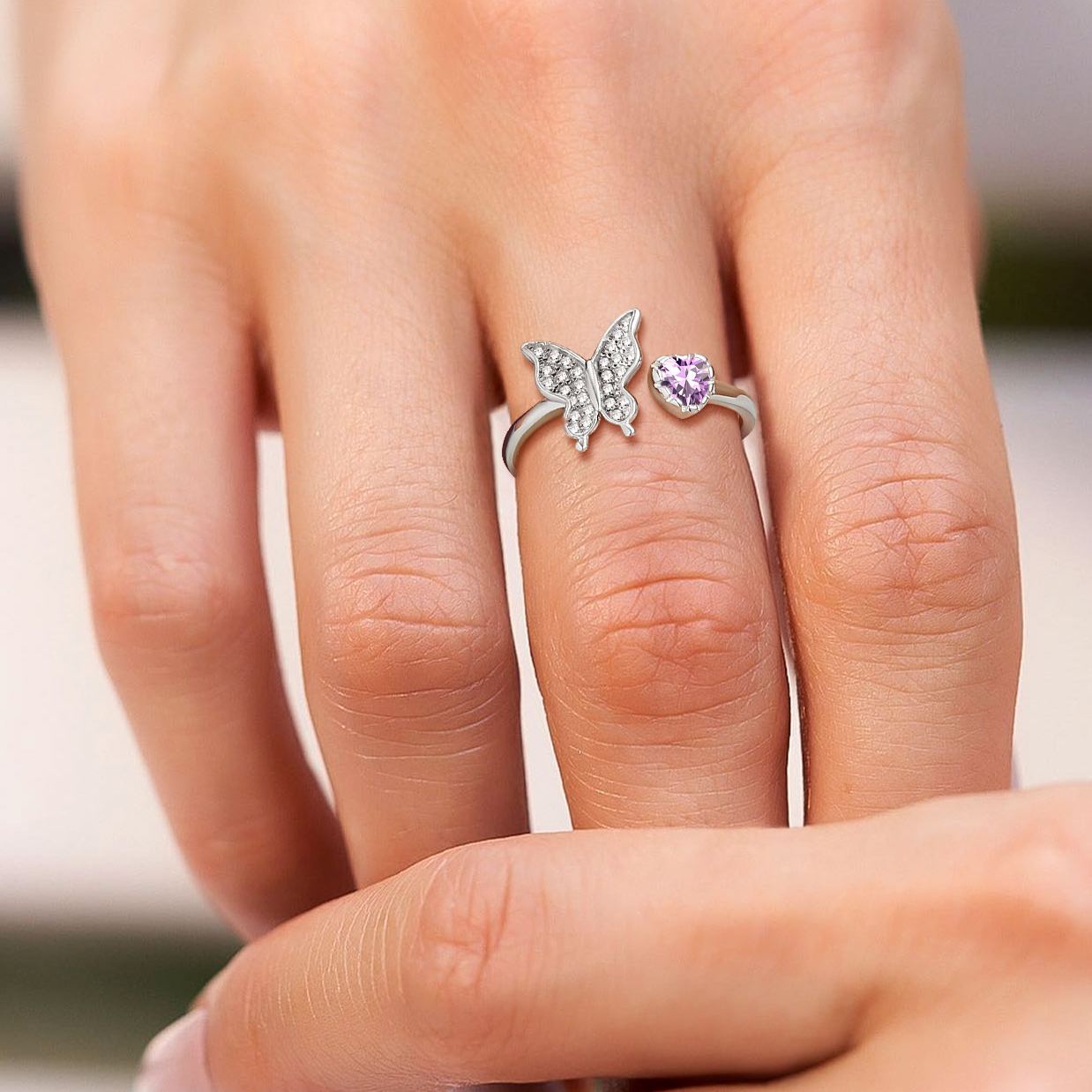 Butterfly & Heart Birthstone Cubic Zirconia Adjustable Rings for Women/girlfriend/Mother