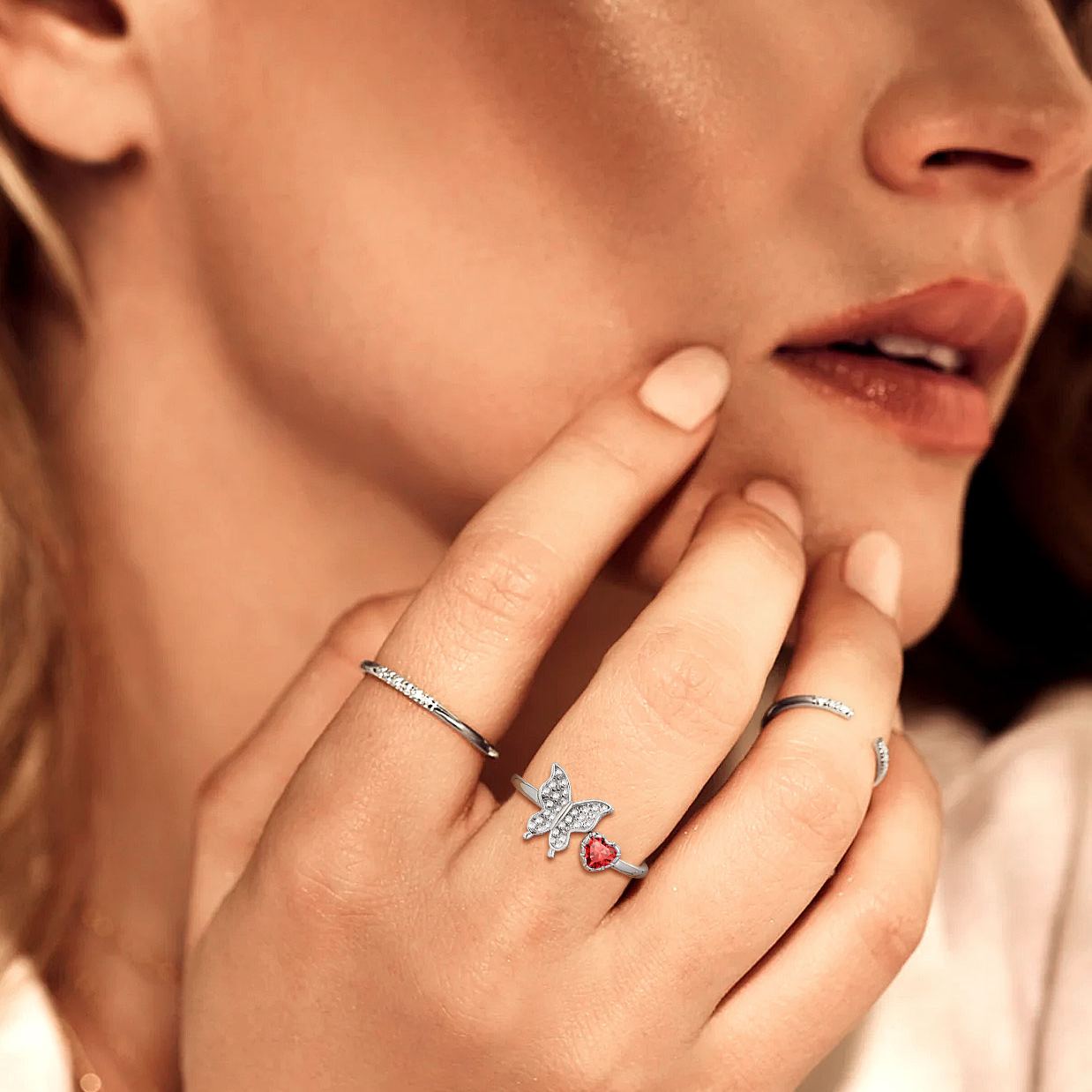 Butterfly & Heart Birthstone Cubic Zirconia Adjustable Rings for Women/girlfriend/Mother