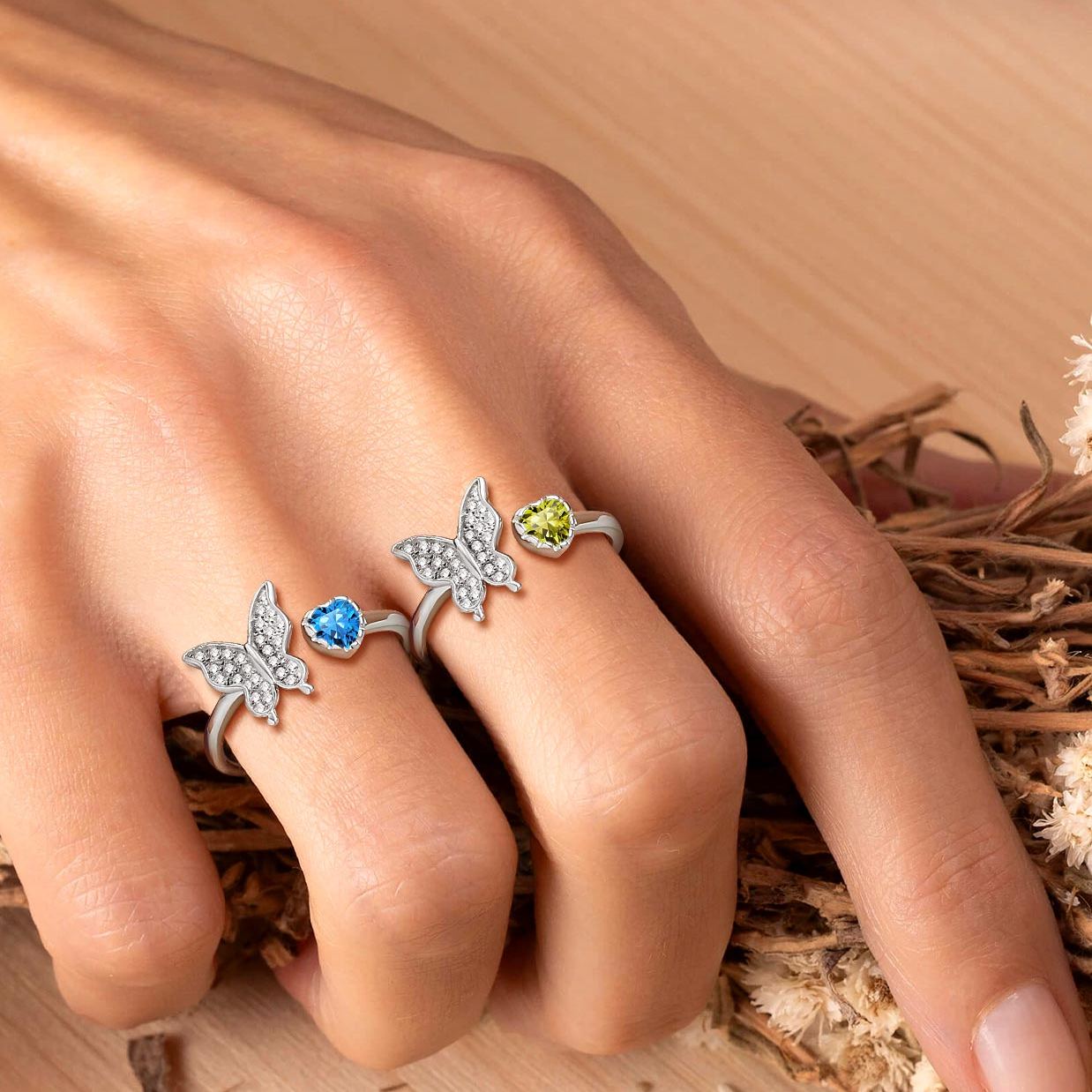 Butterfly & Heart Birthstone Cubic Zirconia Adjustable Rings for Women/girlfriend/Mother