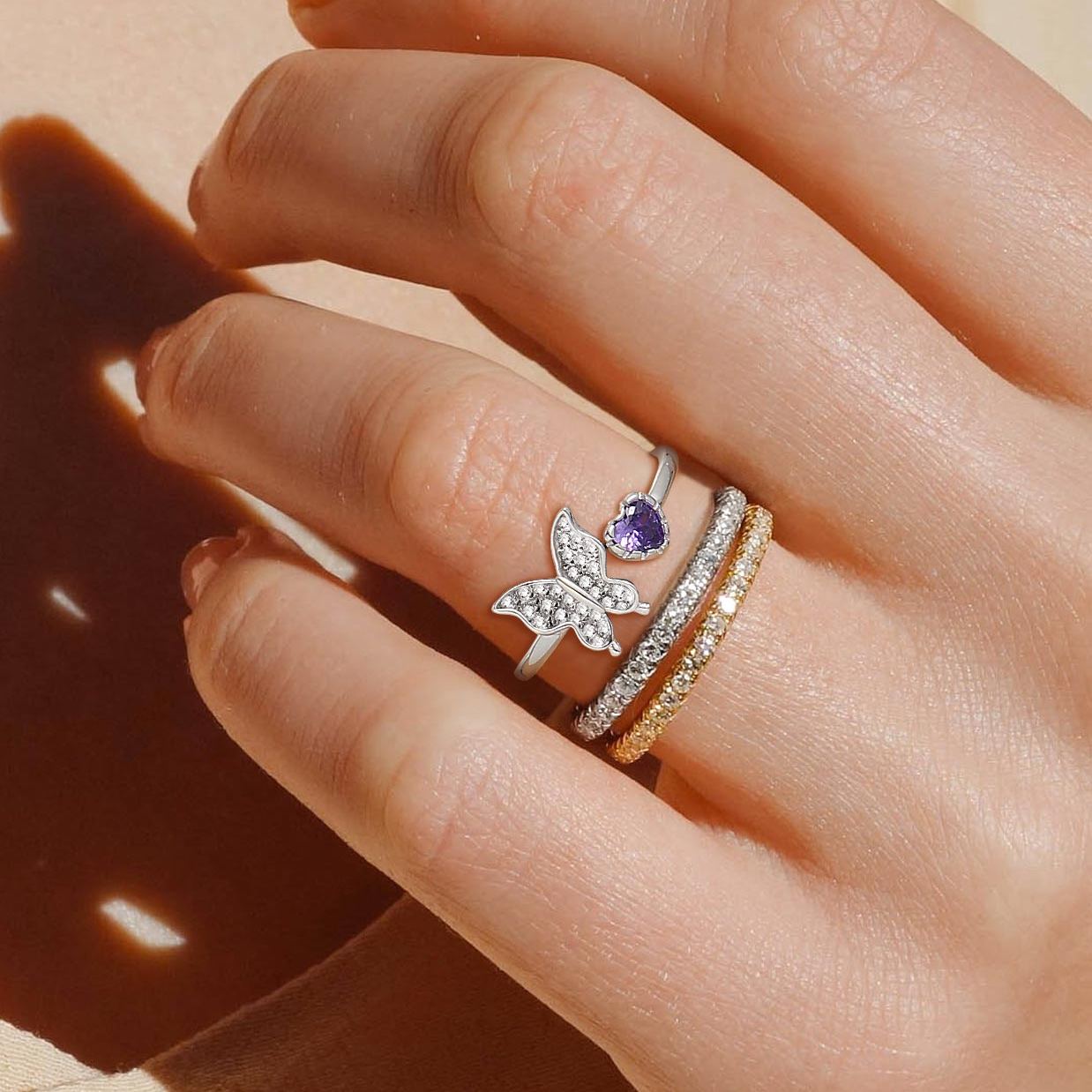 Butterfly & Heart Birthstone Cubic Zirconia Adjustable Rings for Women/girlfriend/Mother