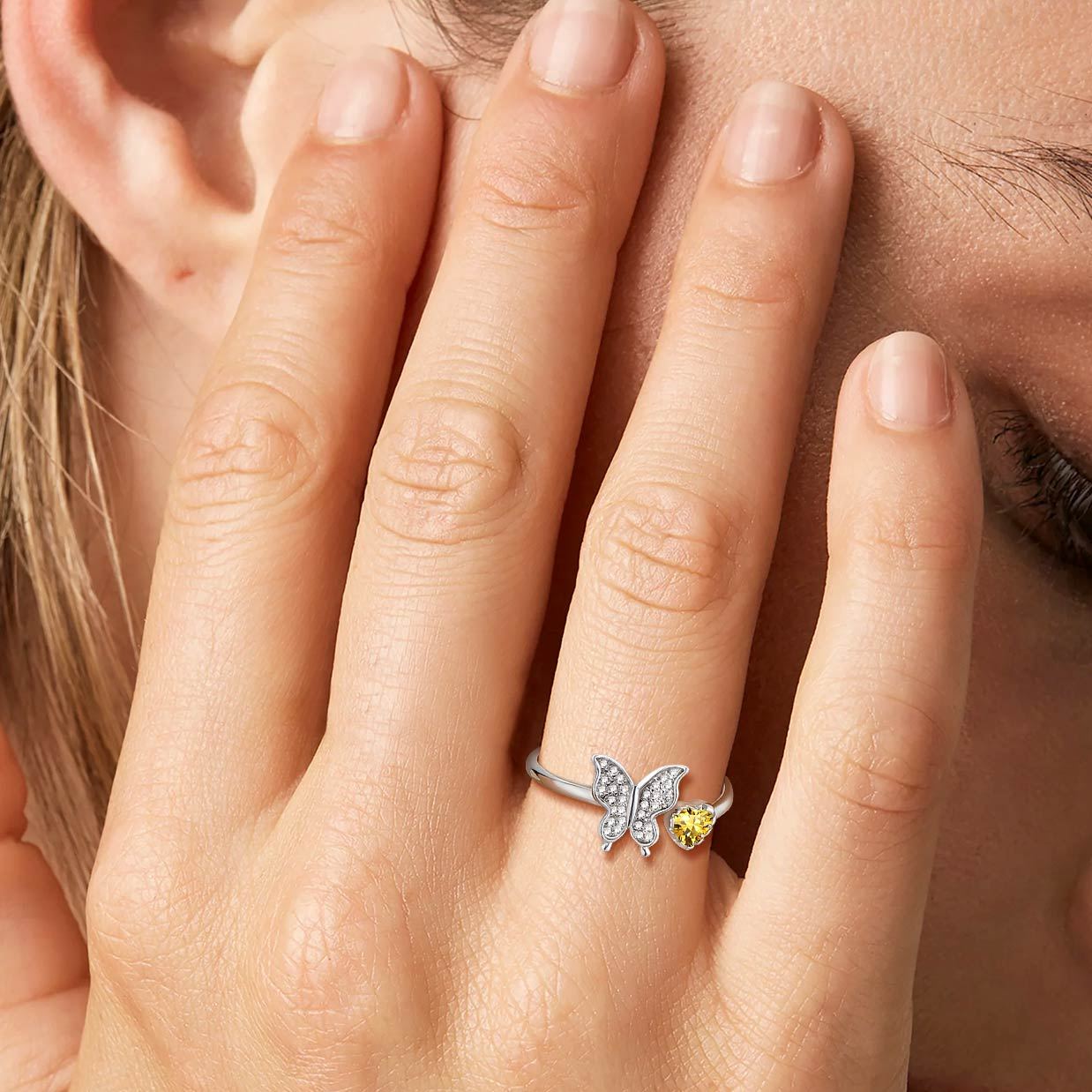 Butterfly & Heart Birthstone Cubic Zirconia Adjustable Rings for Women/girlfriend/Mother