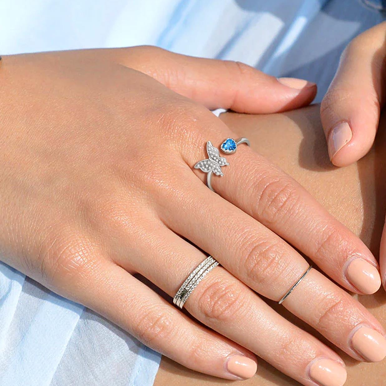 Butterfly & Heart Birthstone Cubic Zirconia Adjustable Rings for Women/girlfriend/Mother