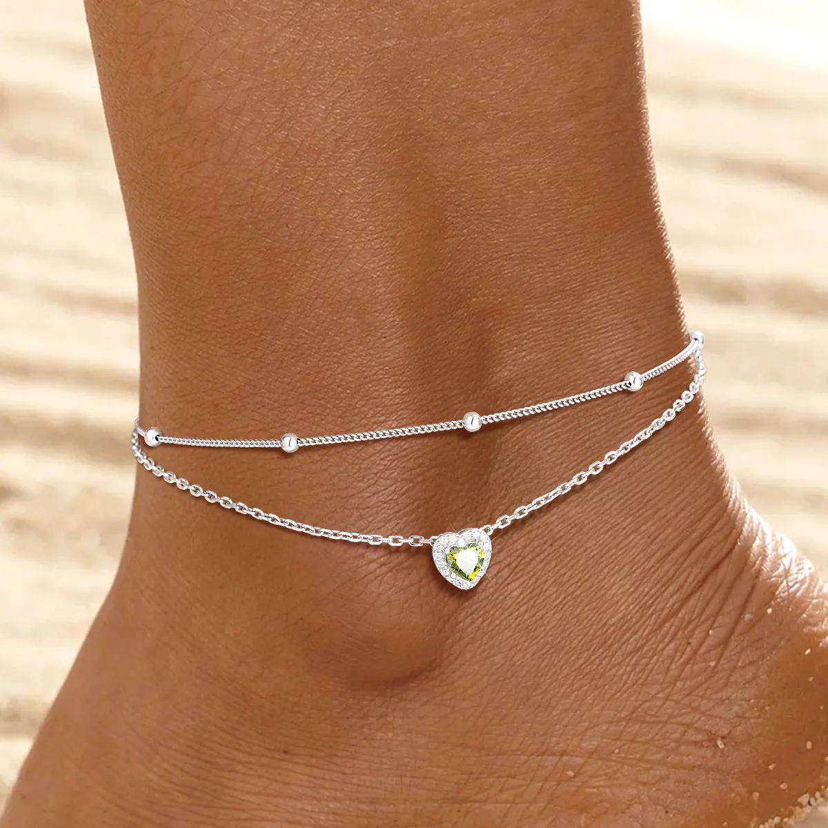 Adjustable Double-Layer Sparkling Heart Zircon Birthstone Ankle& Bracelet  for Women/Mother/girlfriend