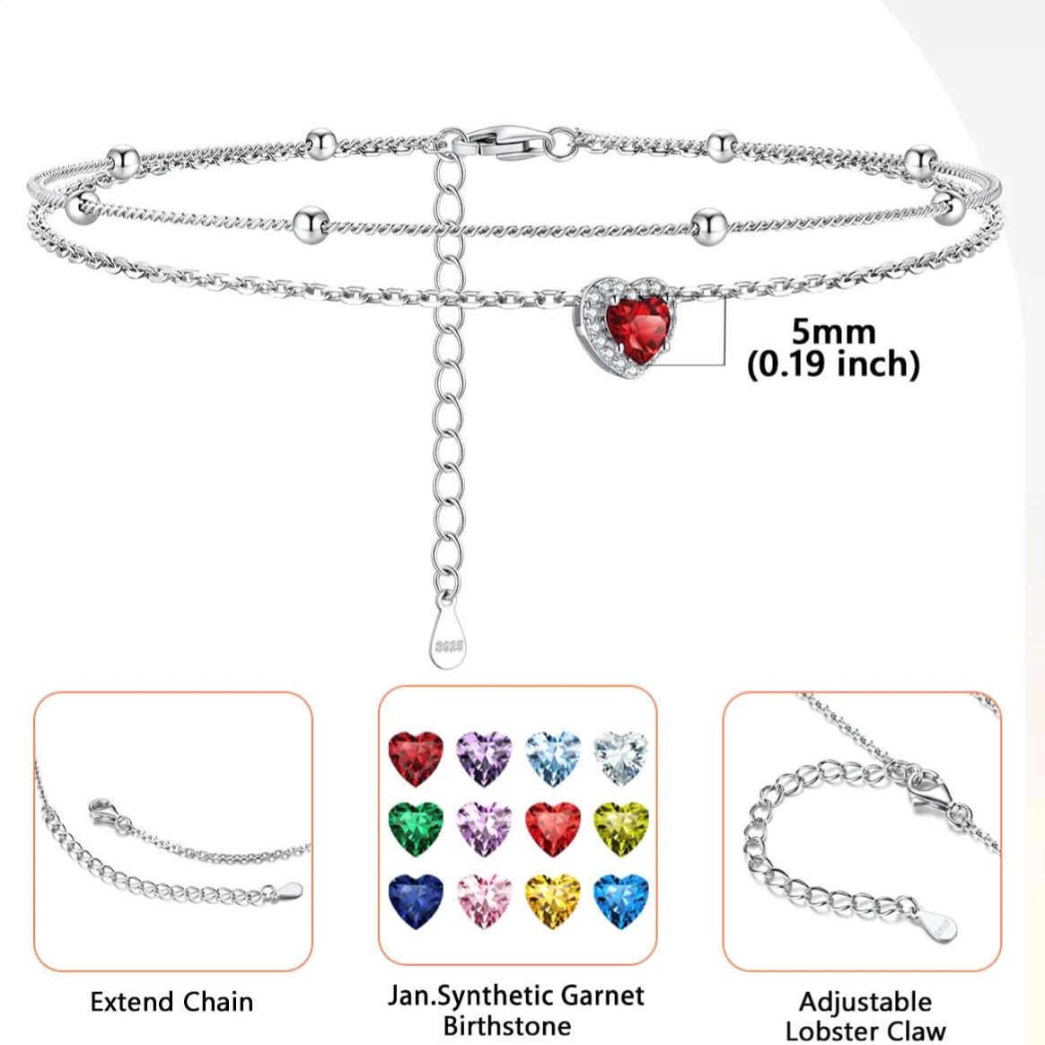 Adjustable Double-Layer Sparkling Heart Zircon Birthstone Ankle& Bracelet Details: Dimensions, Hypoallergenic, Lobster-Claw-Clasps