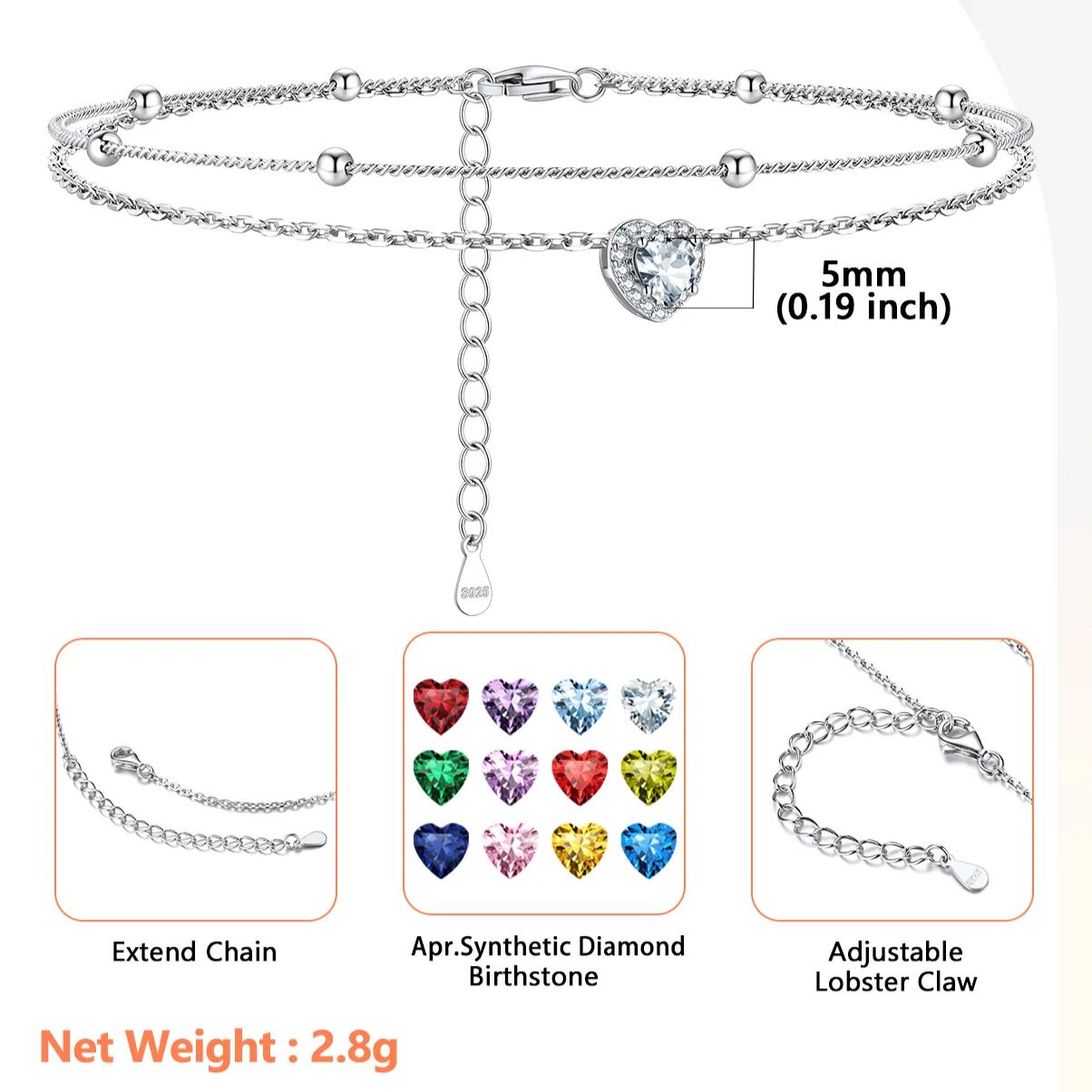 Adjustable Double-Layer Sparkling Heart Zircon Birthstone Ankle& Bracelet Details: Dimensions, Hypoallergenic, Lobster-Claw-Clasps