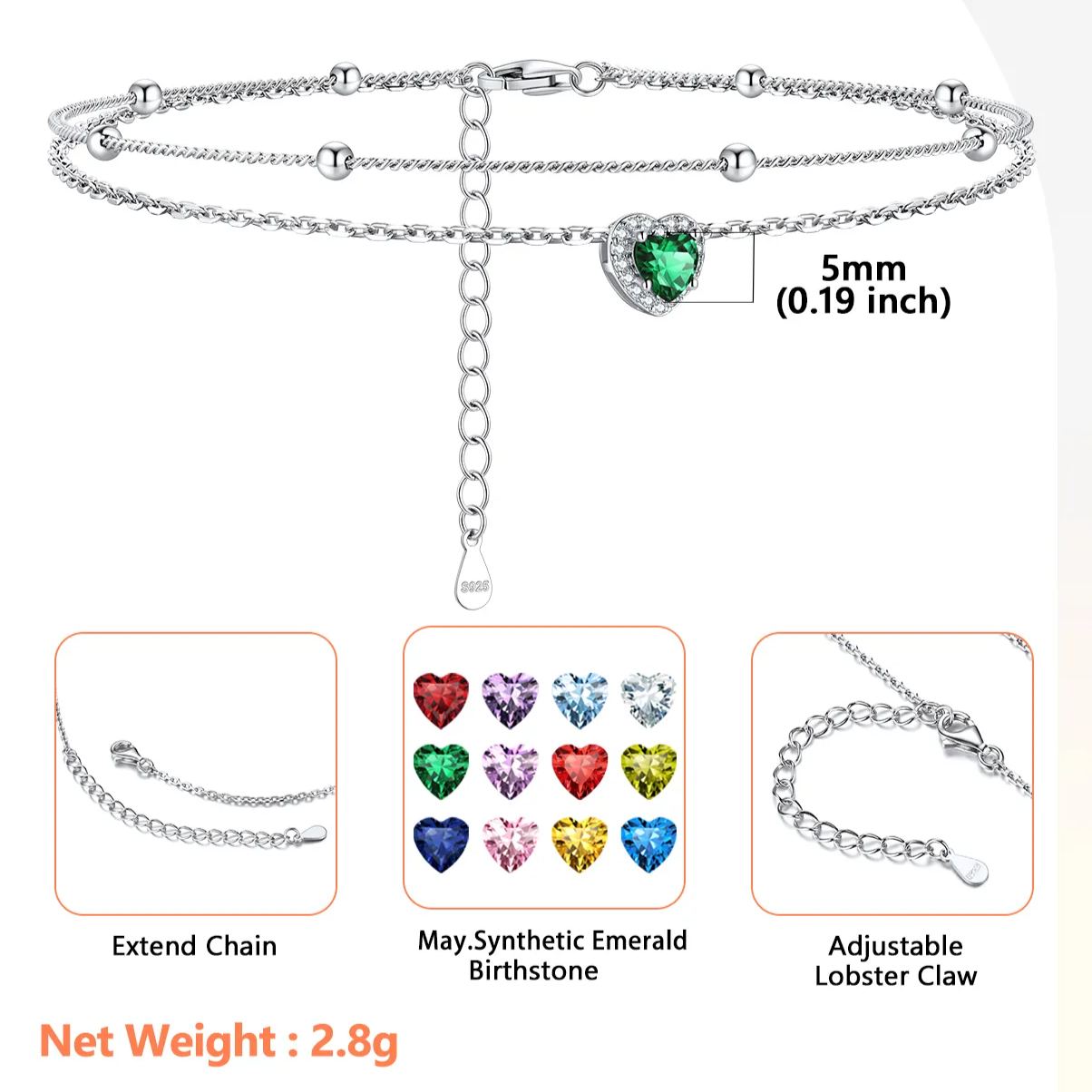 Adjustable Double-Layer Sparkling Heart Zircon Birthstone Ankle& Bracelet Details: Dimensions, Hypoallergenic, Lobster-Claw-Clasps
