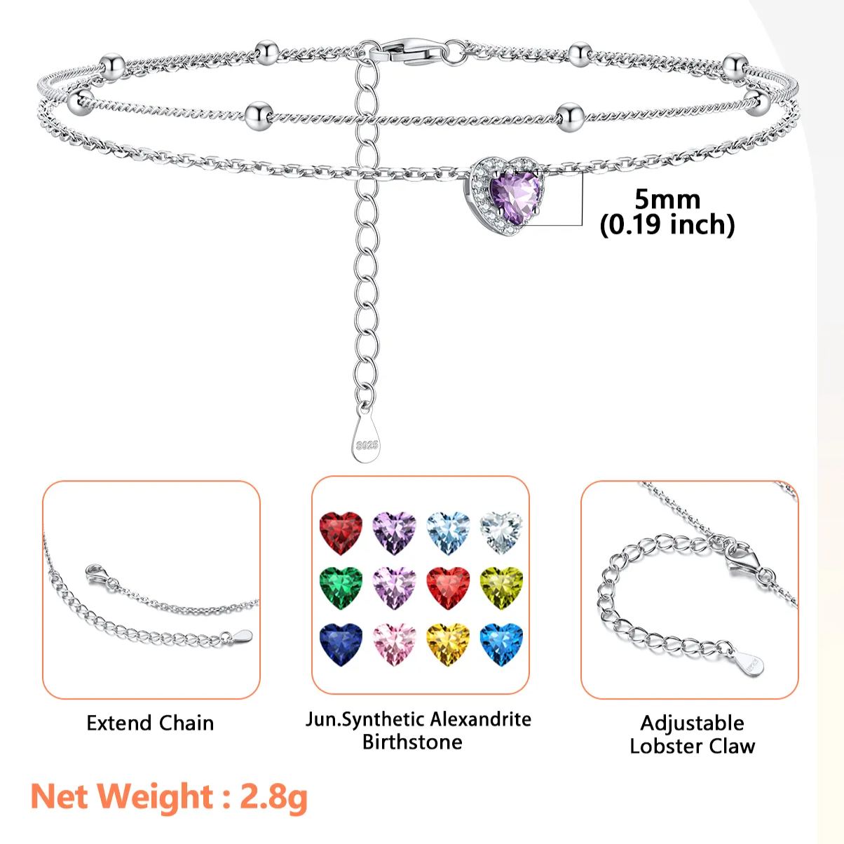 Adjustable Double-Layer Sparkling Heart Zircon Birthstone Ankle& Bracelet Details: Dimensions, Hypoallergenic, Lobster-Claw-Clasps