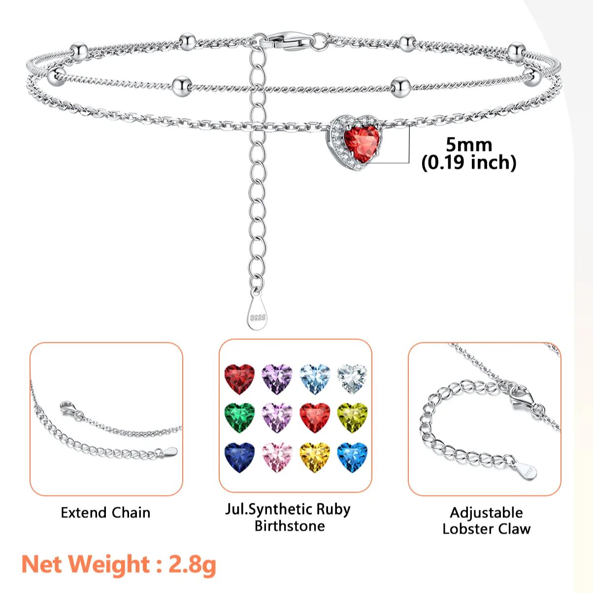 Adjustable Double-Layer Sparkling Heart Zircon Birthstone Ankle& Bracelet Details: Dimensions, Hypoallergenic, Lobster-Claw-Clasps