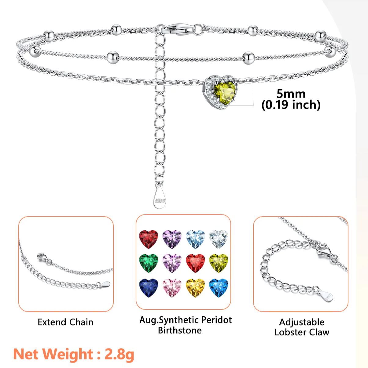 Adjustable Double-Layer Sparkling Heart Zircon Birthstone Ankle& Bracelet Details: Dimensions, Hypoallergenic, Lobster-Claw-Clasps