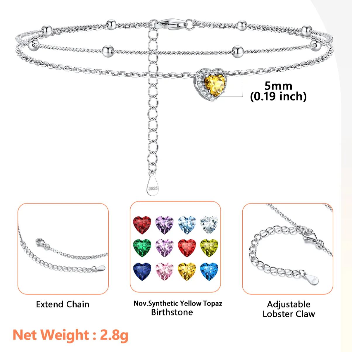 Adjustable Double-Layer Sparkling Heart Zircon Birthstone Ankle& Bracelet Details: Dimensions, Hypoallergenic, Lobster-Claw-Clasps