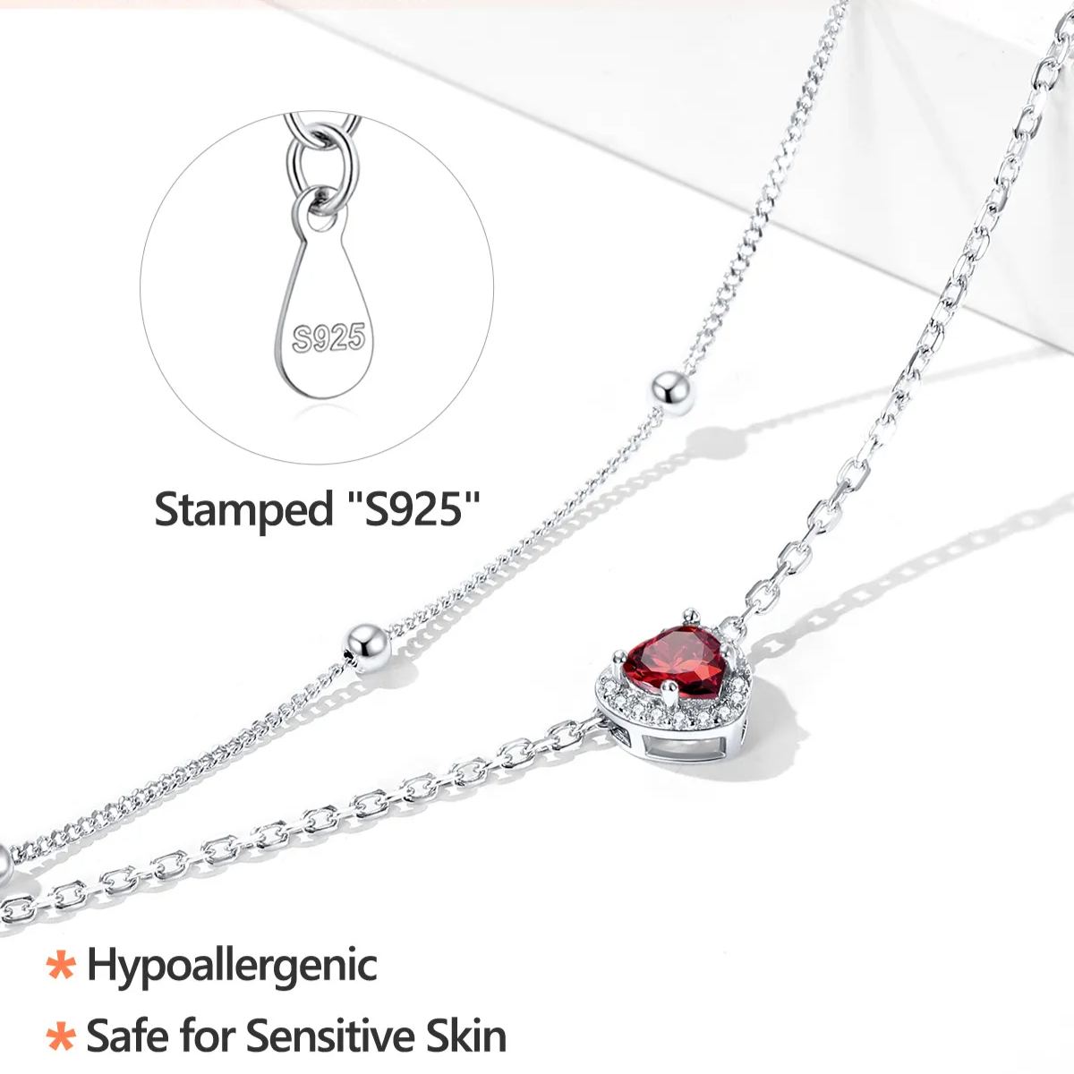 Sterling Silver Adjustable Double-Layer Sparkling Heart Zircon Birthstone Ankle& Bracelet