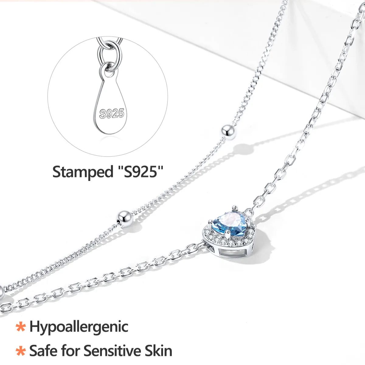 Sterling Silver Adjustable Double-Layer Sparkling Heart Zircon Birthstone Ankle& Bracelet