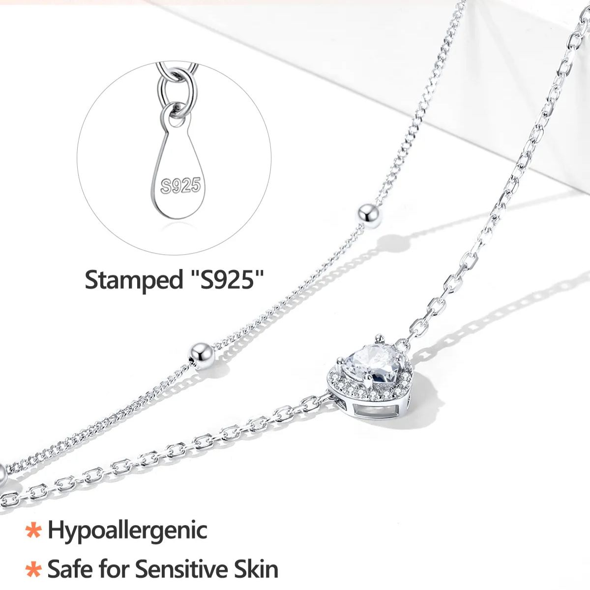 Sterling Silver Adjustable Double-Layer Sparkling Heart Zircon Birthstone Ankle& Bracelet