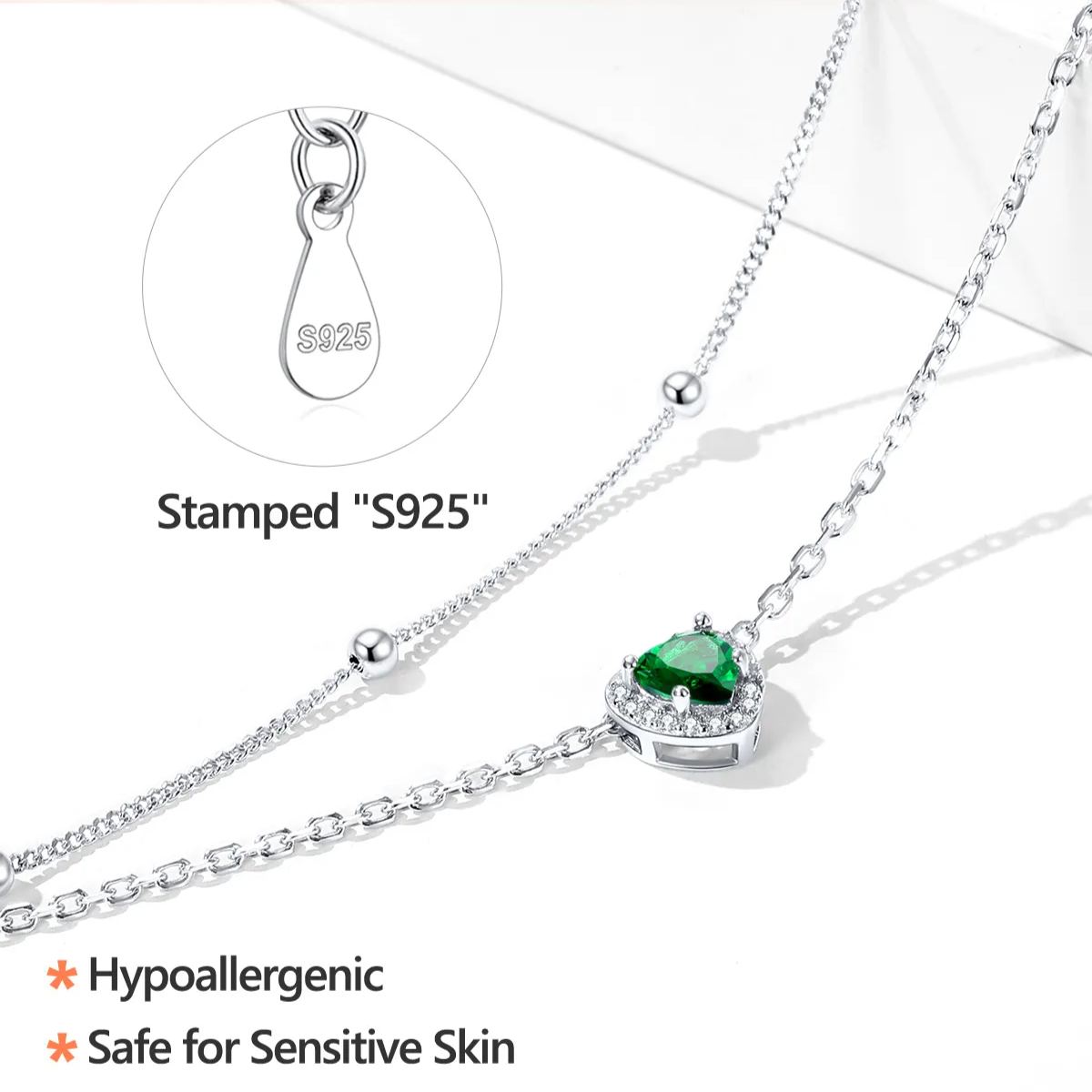 Sterling Silver Adjustable Double-Layer Sparkling Heart Zircon Birthstone Ankle& Bracelet