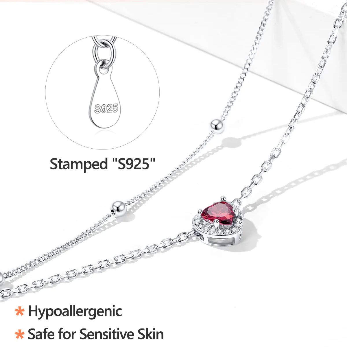 Sterling Silver Adjustable Double-Layer Sparkling Heart Zircon Birthstone Ankle& Bracelet