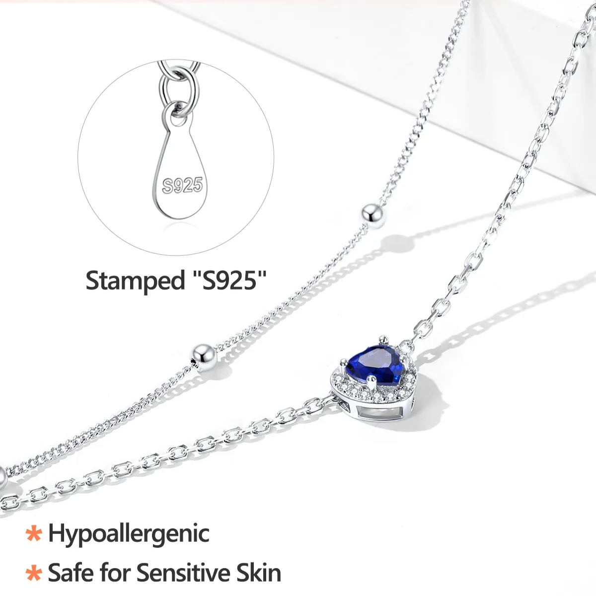 Sterling Silver Adjustable Double-Layer Sparkling Heart Zircon Birthstone Ankle& Bracelet