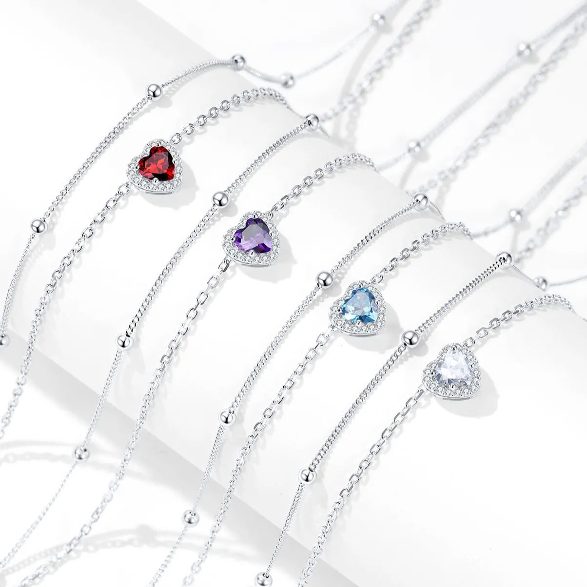 Adjustable Double-Layer Sparkling Heart Zircon Birthstone Ankle& Bracelet in Different Month Colors