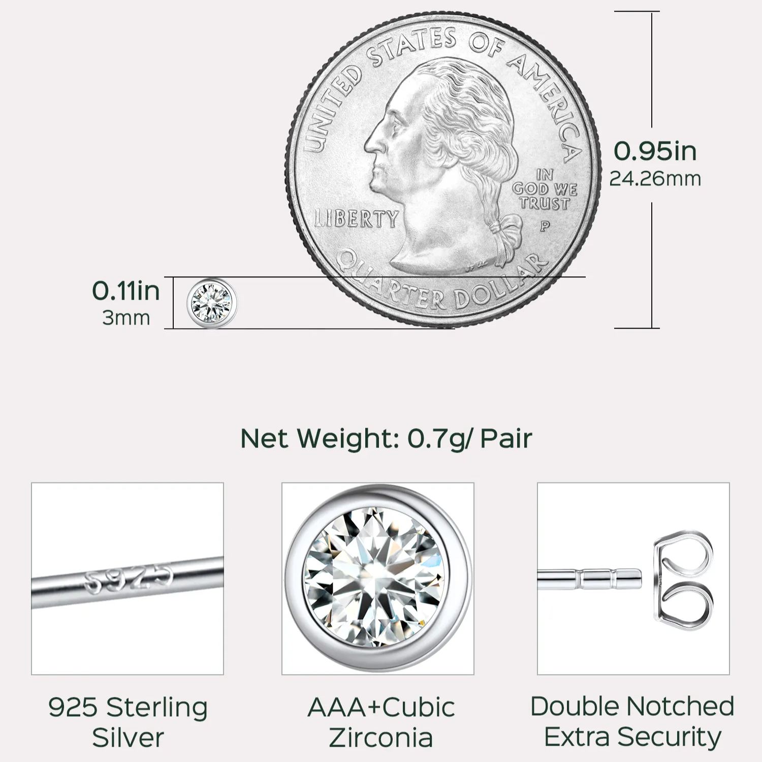 Minimalist Sparkling Cubic Zirconia Stud Earrings Details: Dimensions, Hypoallergenic, Push Back Finding