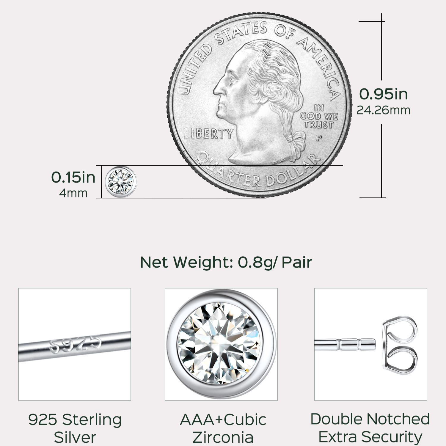 Minimalist Sparkling Cubic Zirconia Stud Earrings Details: Dimensions, Hypoallergenic, Push Back Finding