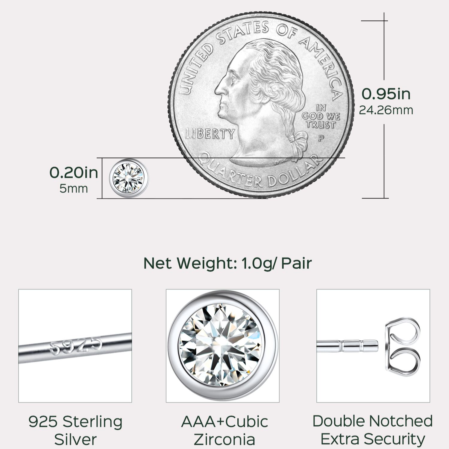 Minimalist Sparkling Cubic Zirconia Stud Earrings Details: Dimensions, Hypoallergenic, Push Back Finding