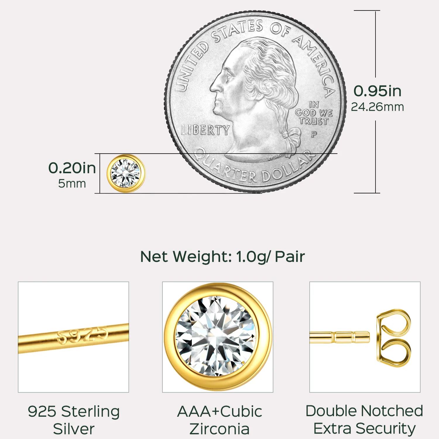 Minimalist Sparkling Cubic Zirconia Stud Earrings Details: Dimensions, Hypoallergenic, Push Back Finding