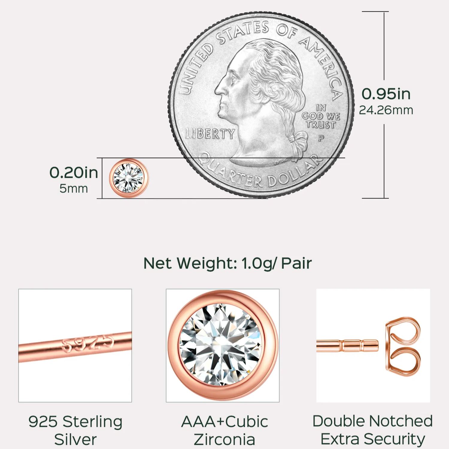 Minimalist Sparkling Cubic Zirconia Stud Earrings Details: Dimensions, Hypoallergenic, Push Back Finding