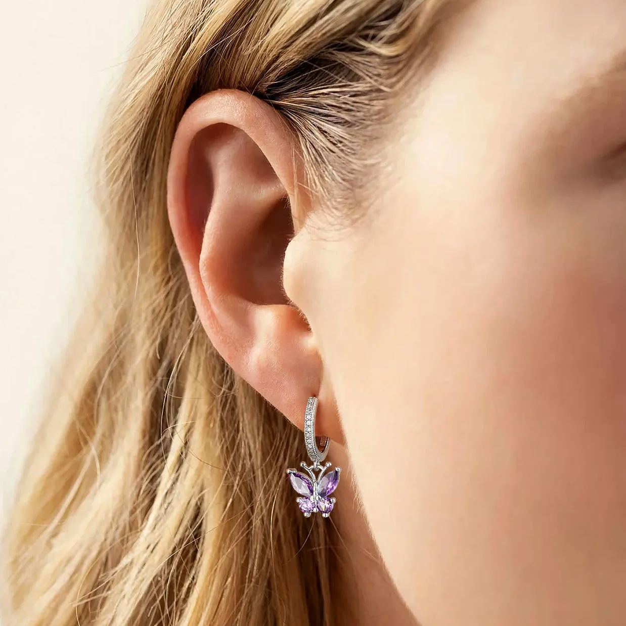 Hypoallergenic Butterfly Birthstone Hoop Dangle Earrings for Women, Ladies, Mother, Friends, girlfriend