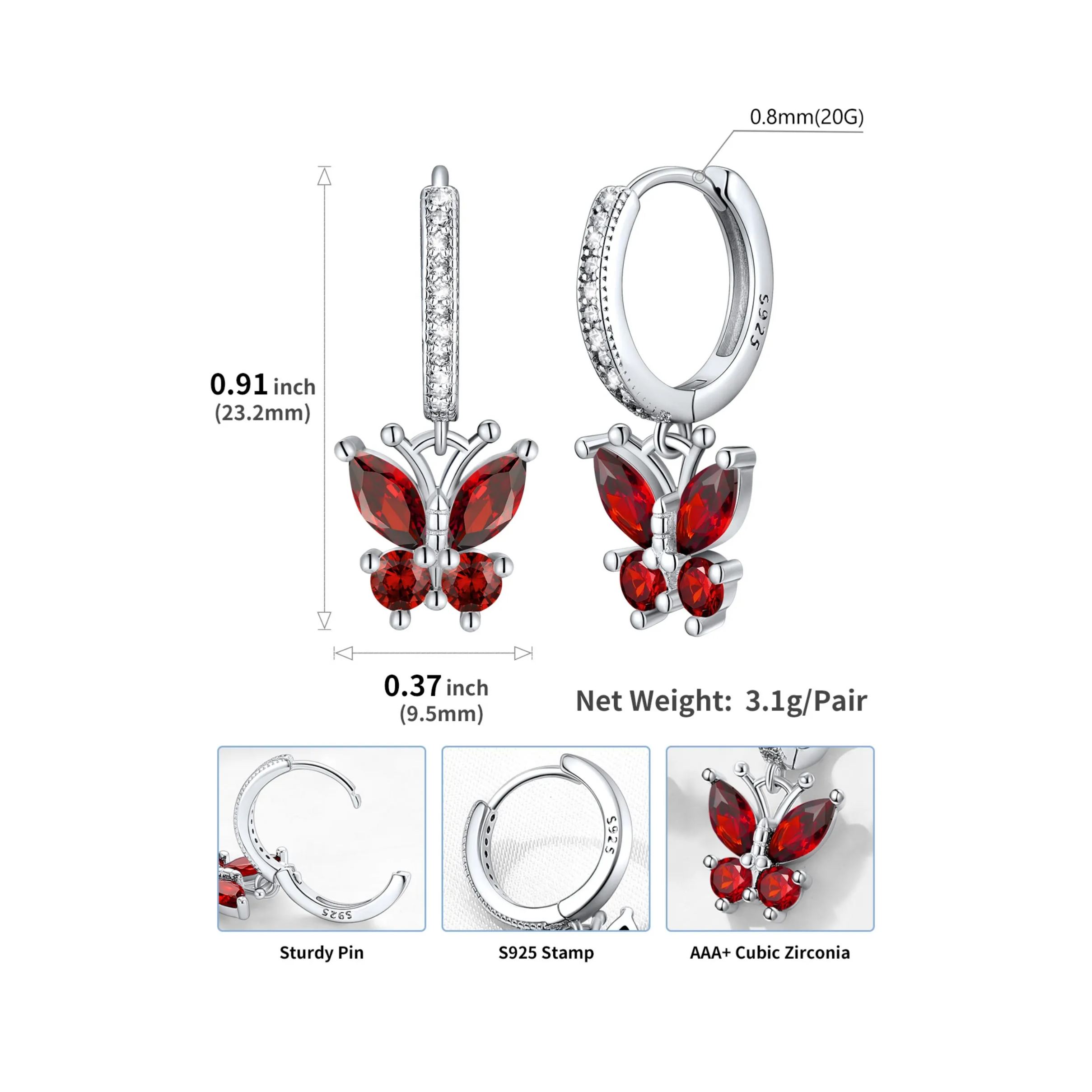 Hypoallergenic Butterfly Birthstone Hoop Dangle Earrings Details: Dimensions, Hypoallergenic, Hinged Hoop