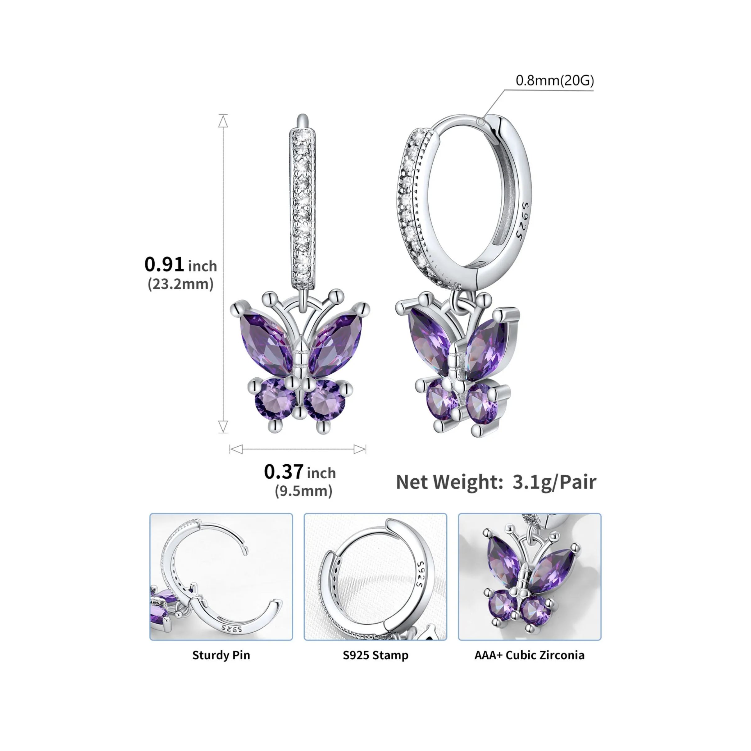 Hypoallergenic Butterfly Birthstone Hoop Dangle Earrings Details: Dimensions, Hypoallergenic, Hinged Hoop