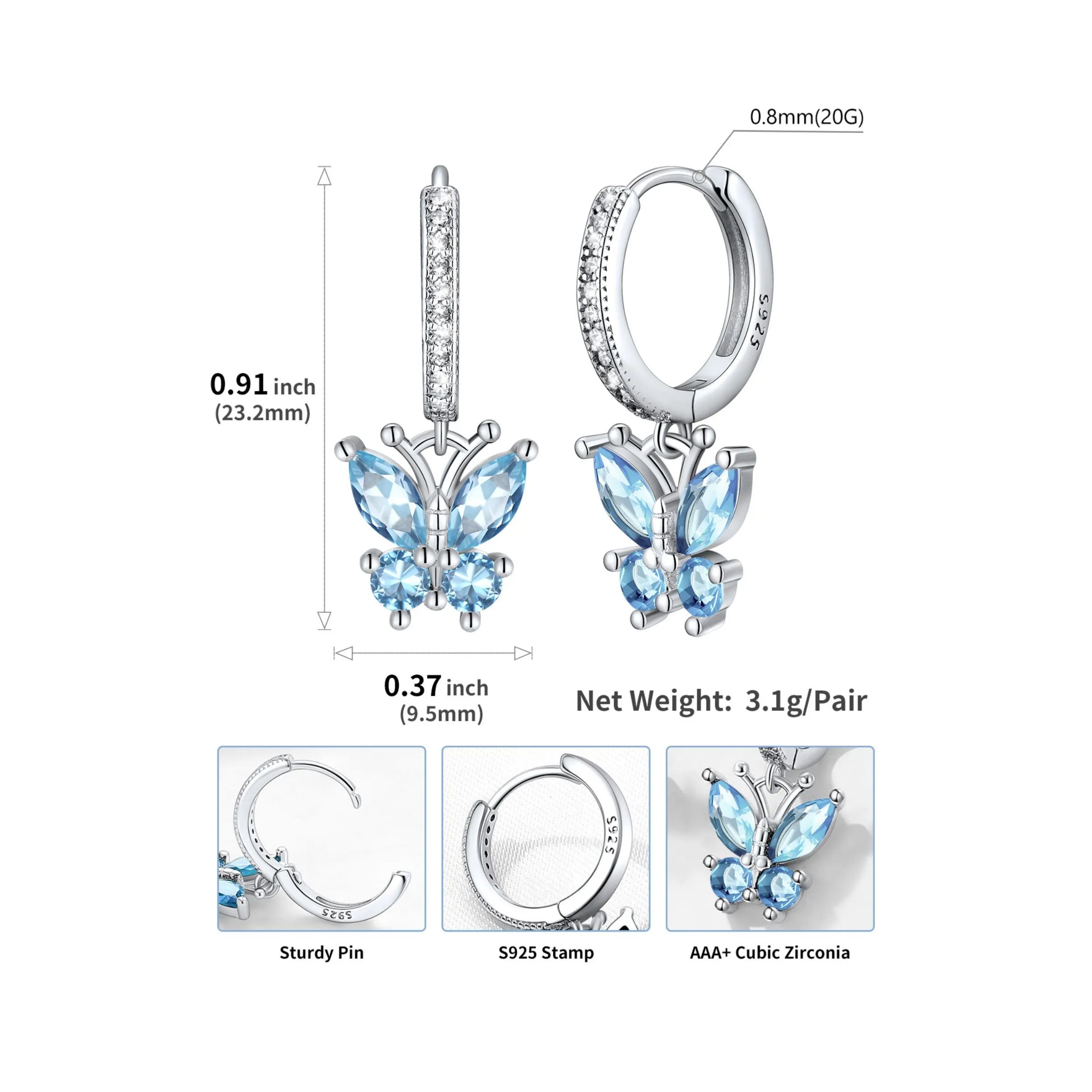 Hypoallergenic Butterfly Birthstone Hoop Dangle Earrings Details: Dimensions, Hypoallergenic, Hinged Hoop