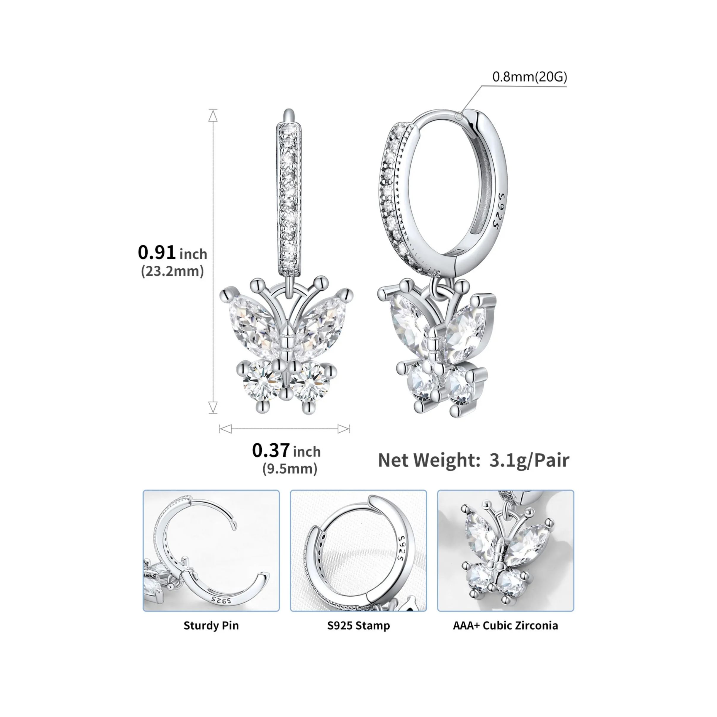 Hypoallergenic Butterfly Birthstone Hoop Dangle Earrings Details: Dimensions, Hypoallergenic, Hinged Hoop