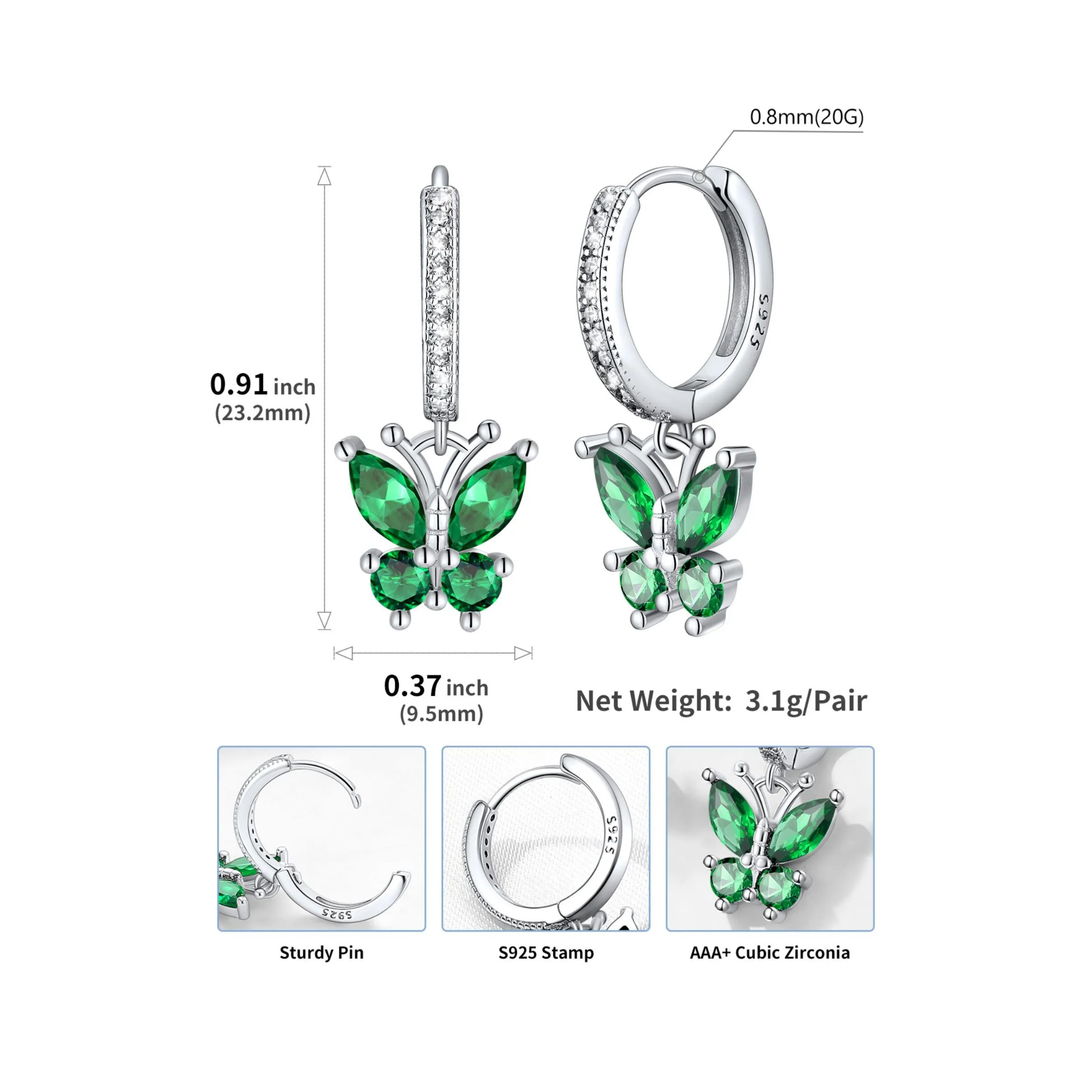 Hypoallergenic Butterfly Birthstone Hoop Dangle Earrings Details: Dimensions, Hypoallergenic, Hinged Hoop