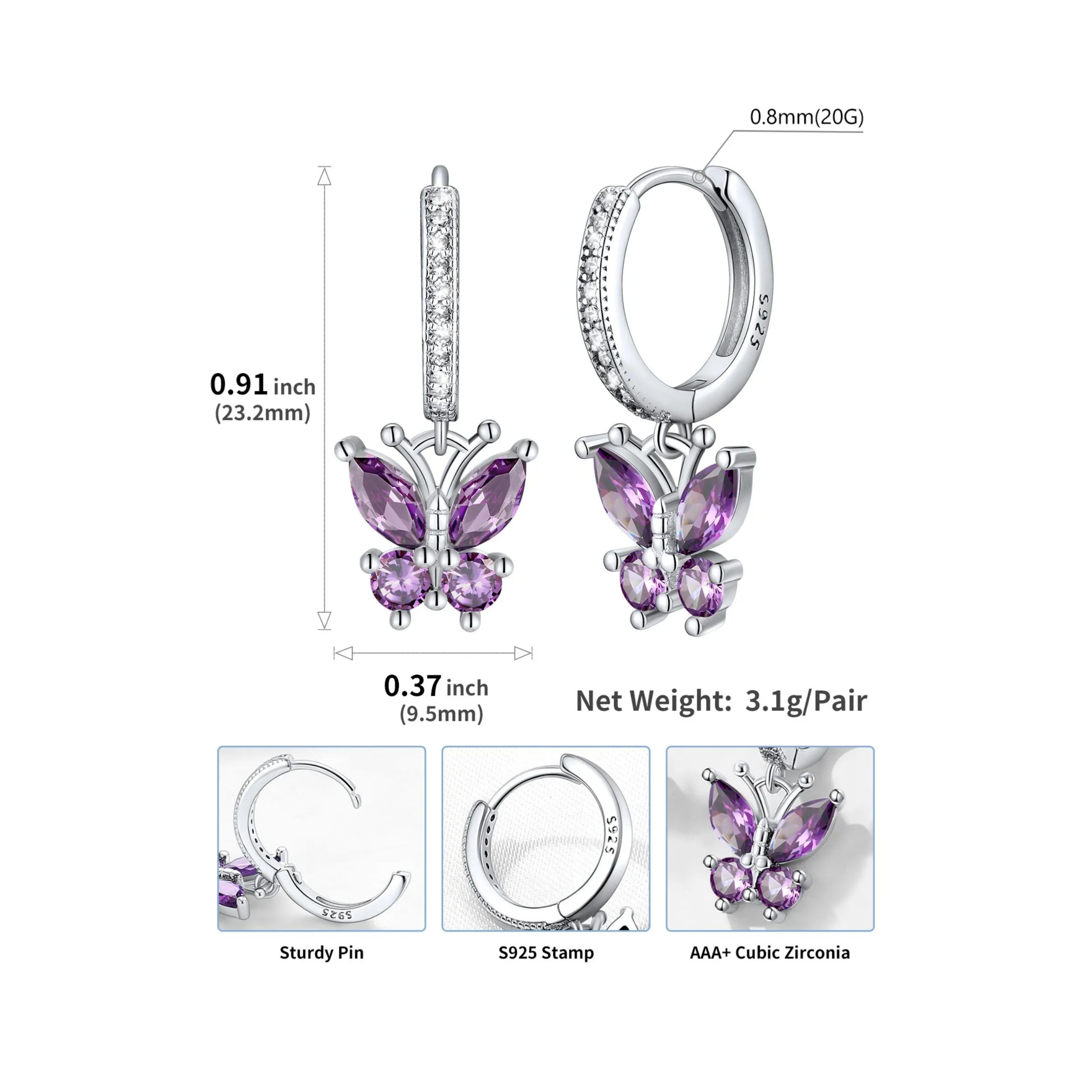 Hypoallergenic Butterfly Birthstone Hoop Dangle Earrings Details: Dimensions, Hypoallergenic, Hinged Hoop