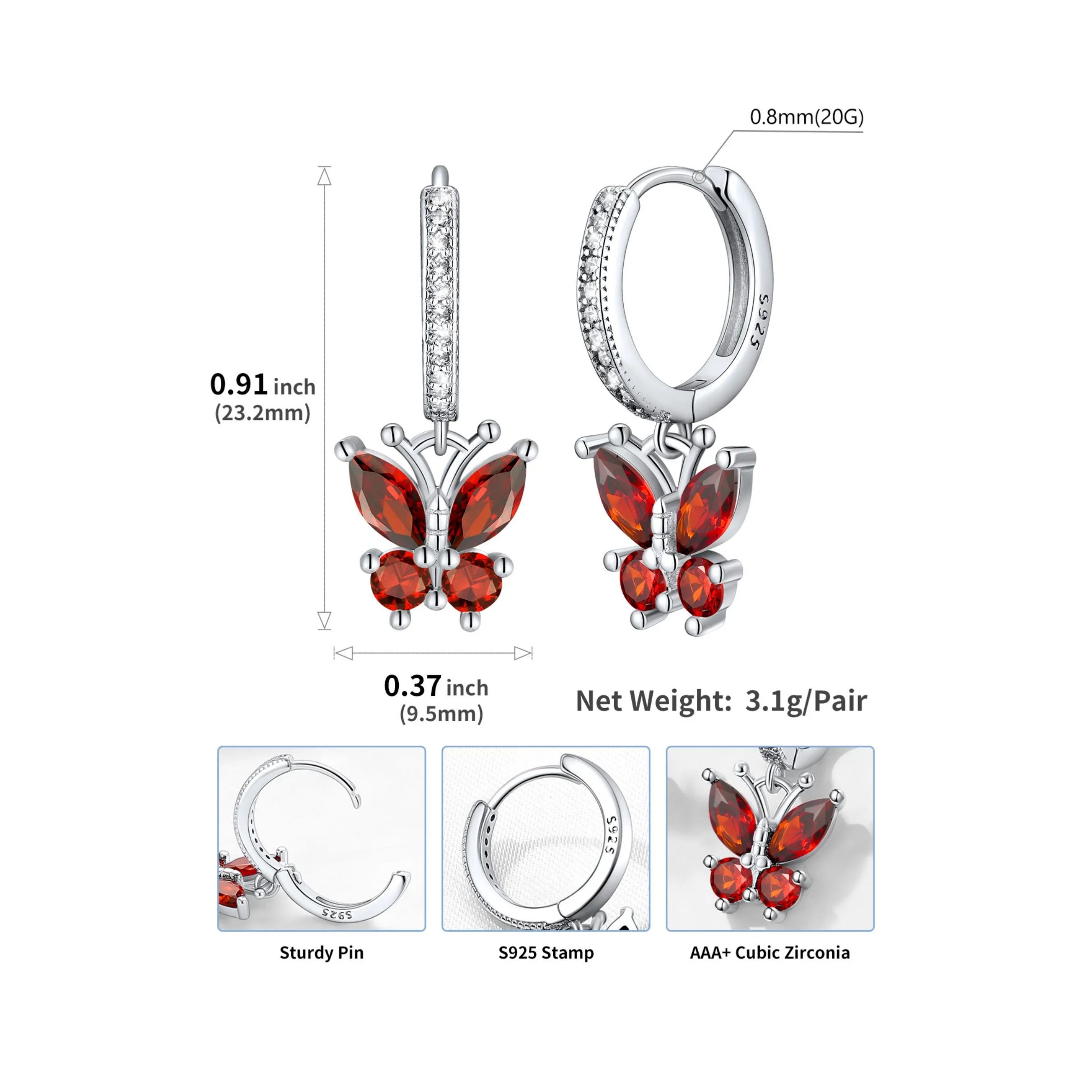 Hypoallergenic Butterfly Birthstone Hoop Dangle Earrings Details: Dimensions, Hypoallergenic, Hinged Hoop