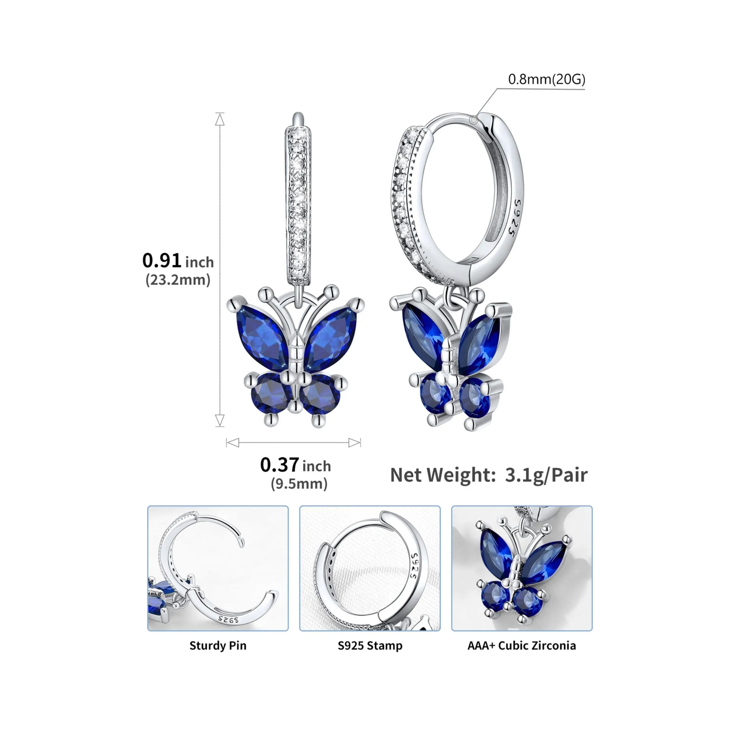 Hypoallergenic Butterfly Birthstone Hoop Dangle Earrings Details: Dimensions, Hypoallergenic, Hinged Hoop