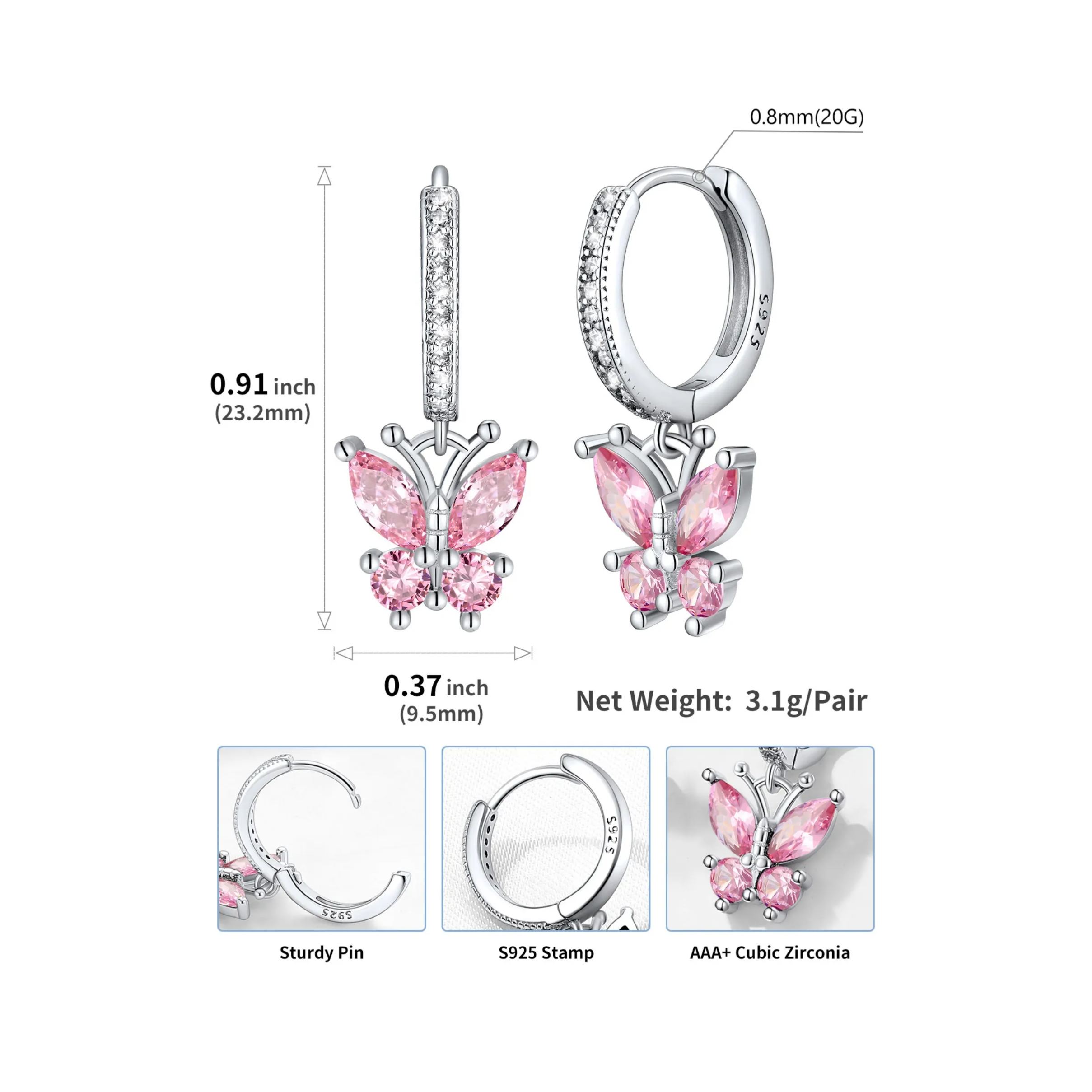 Hypoallergenic Butterfly Birthstone Hoop Dangle Earrings Details: Dimensions, Hypoallergenic, Hinged Hoop