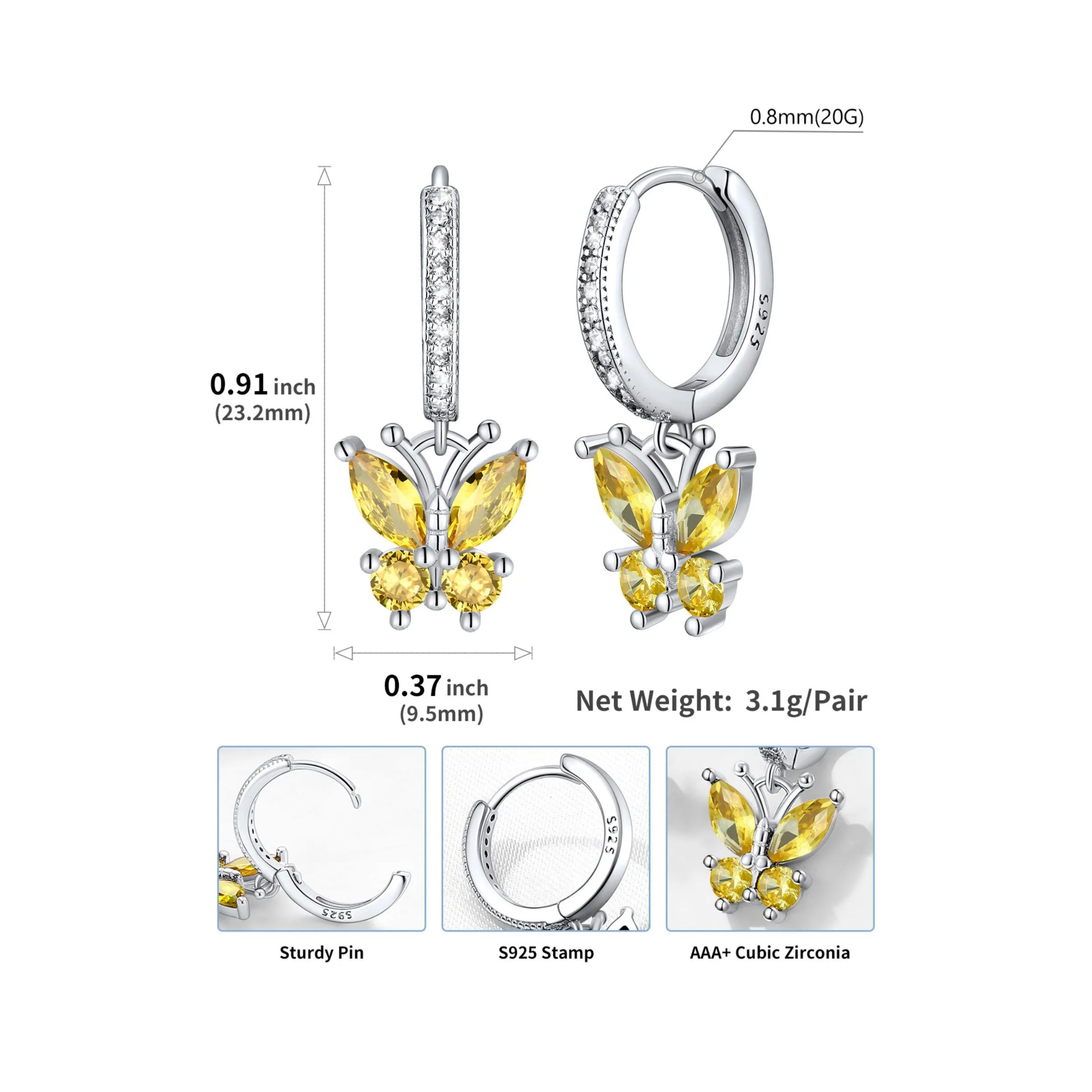 Hypoallergenic Butterfly Birthstone Hoop Dangle Earrings Details: Dimensions, Hypoallergenic, Hinged Hoop