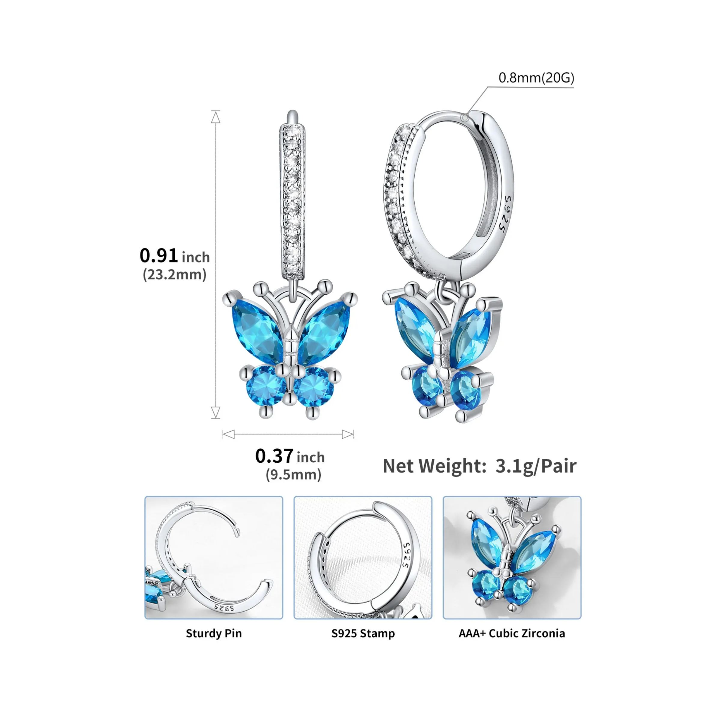 Hypoallergenic Butterfly Birthstone Hoop Dangle Earrings Details: Dimensions, Hypoallergenic, Hinged Hoop