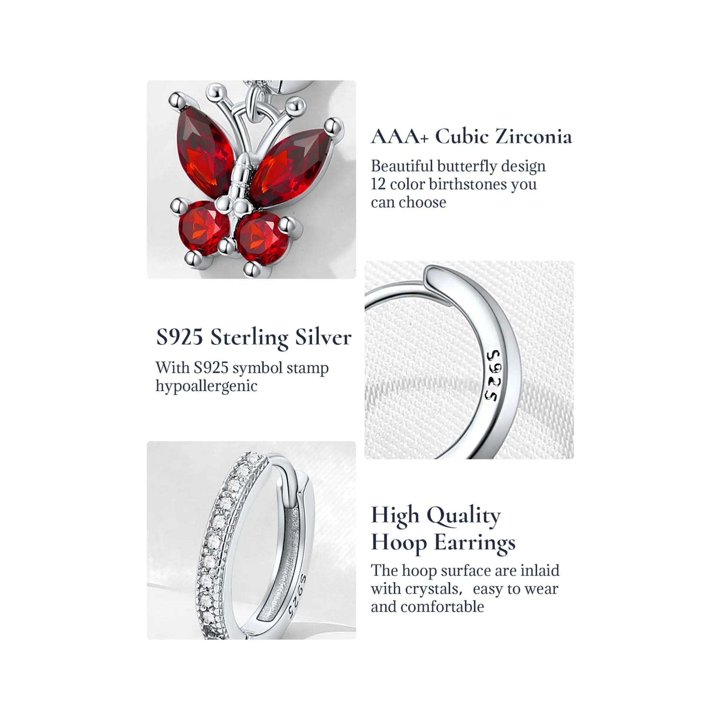 Sterling Silver & AAA+ Cubic Zriconia ChicSilver Hypoallergenic Butterfly Birthstone Hoop Dangle Earrings 