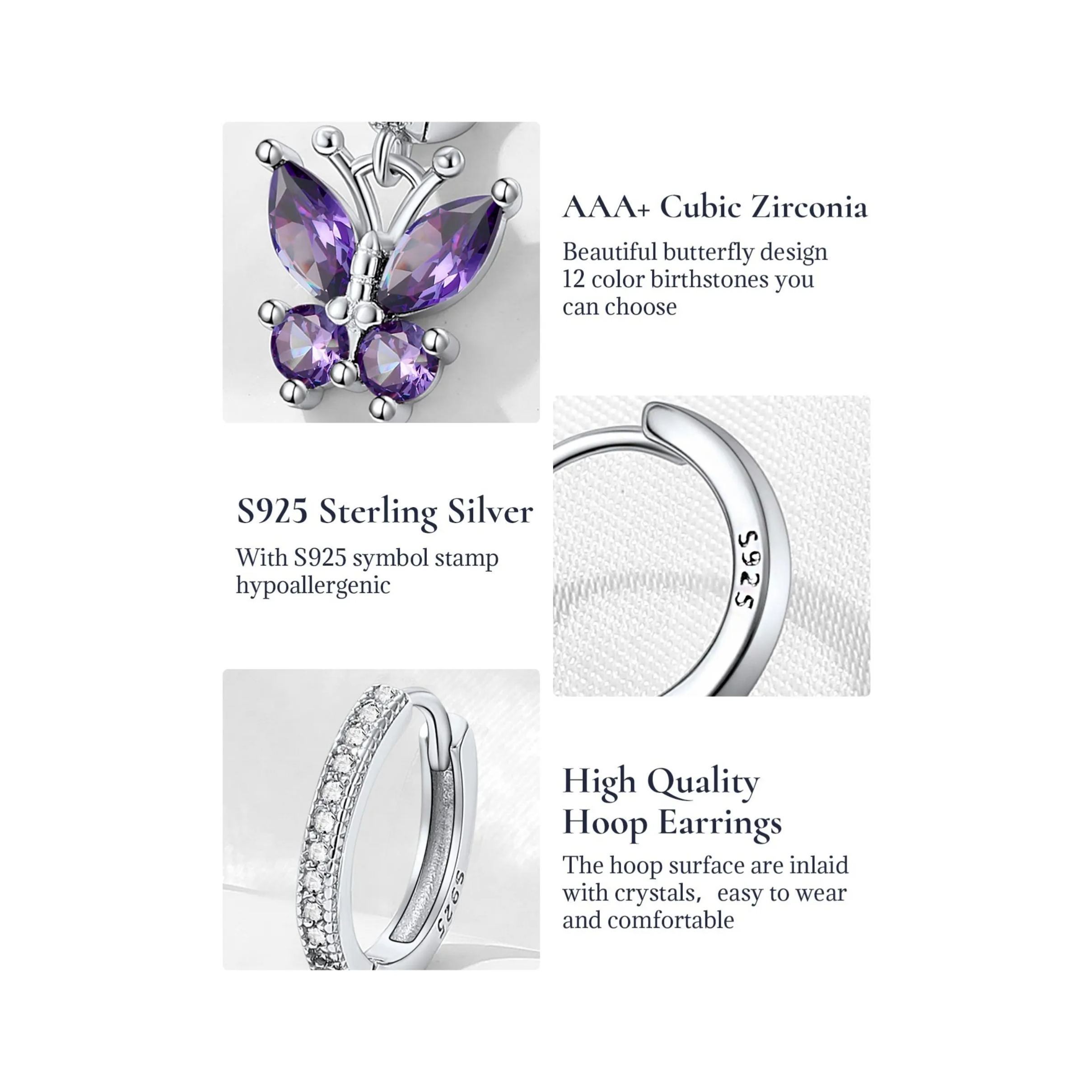 Sterling Silver & AAA+ Cubic Zriconia ChicSilver Hypoallergenic Butterfly Birthstone Hoop Dangle Earrings 