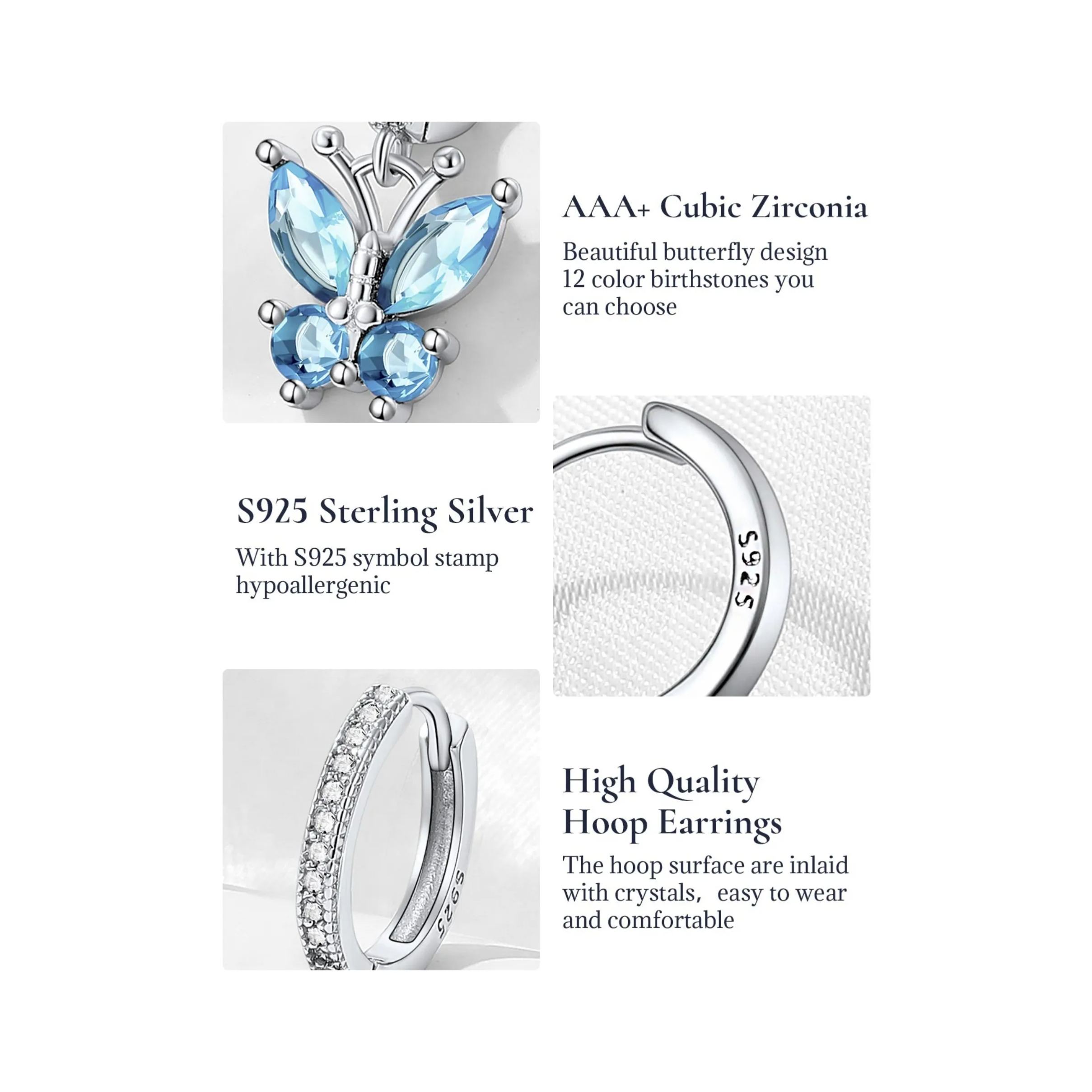 Sterling Silver & AAA+ Cubic Zriconia ChicSilver Hypoallergenic Butterfly Birthstone Hoop Dangle Earrings 