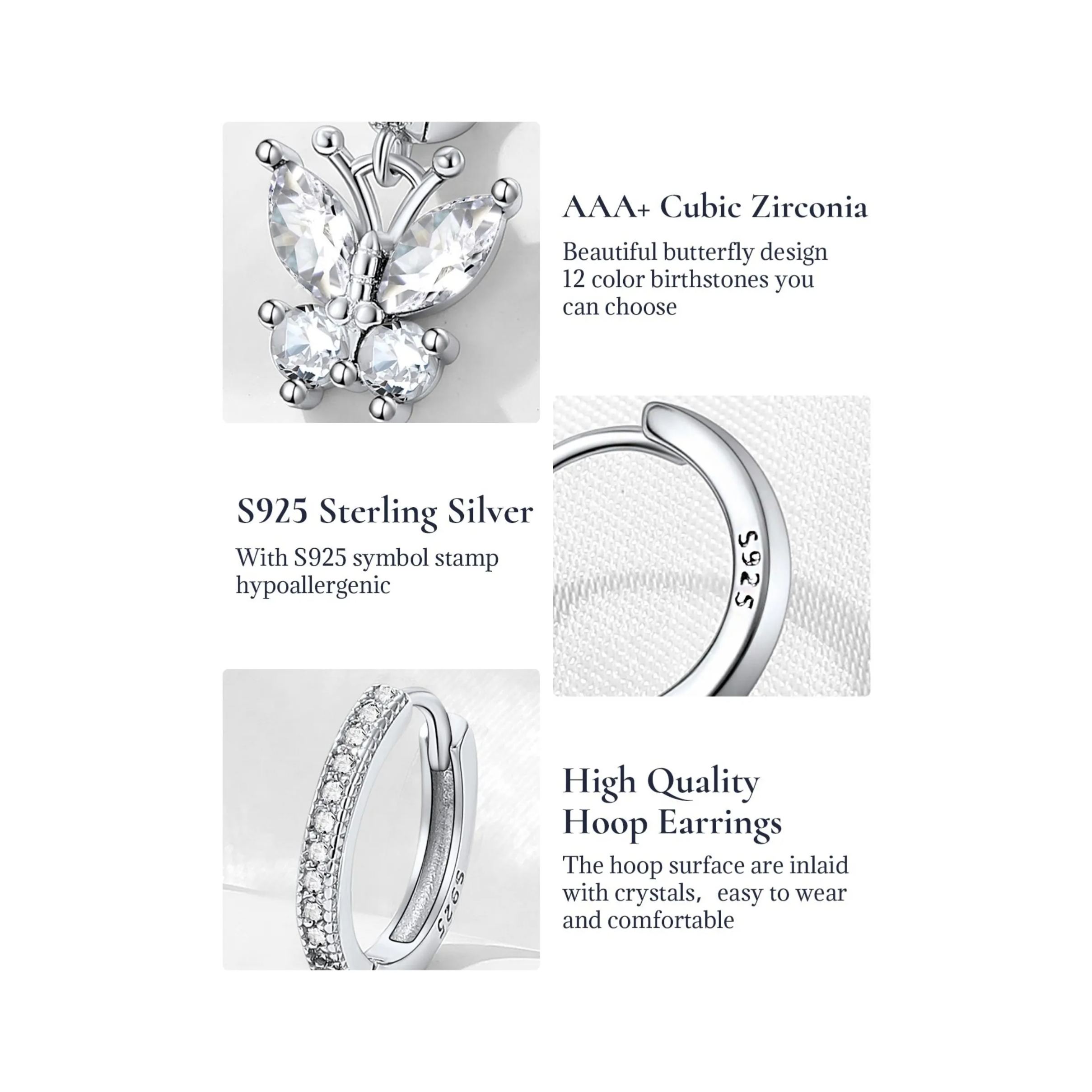 Sterling Silver & AAA+ Cubic Zriconia ChicSilver Hypoallergenic Butterfly Birthstone Hoop Dangle Earrings 