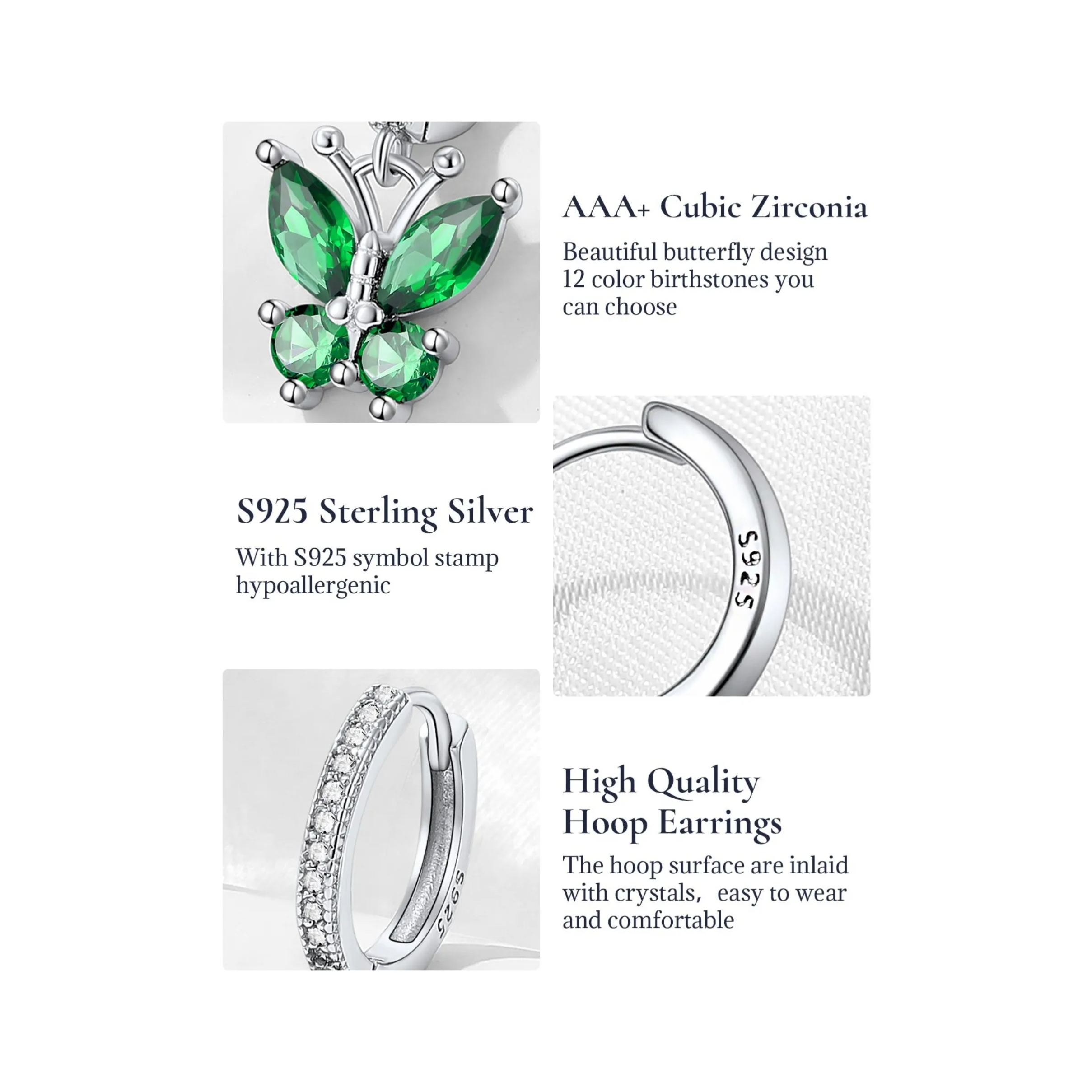 Sterling Silver & AAA+ Cubic Zriconia ChicSilver Hypoallergenic Butterfly Birthstone Hoop Dangle Earrings 