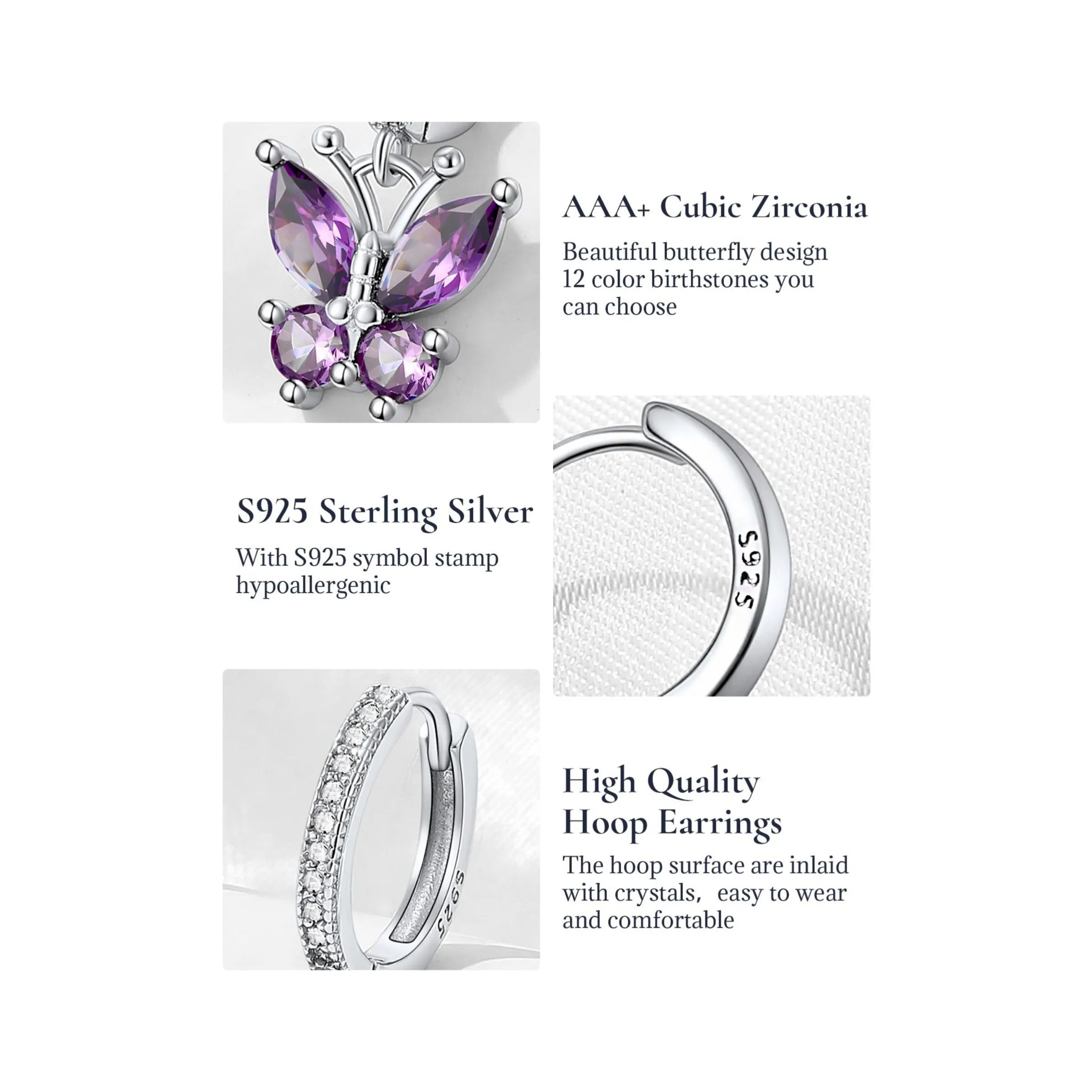 Sterling Silver & AAA+ Cubic Zriconia ChicSilver Hypoallergenic Butterfly Birthstone Hoop Dangle Earrings 