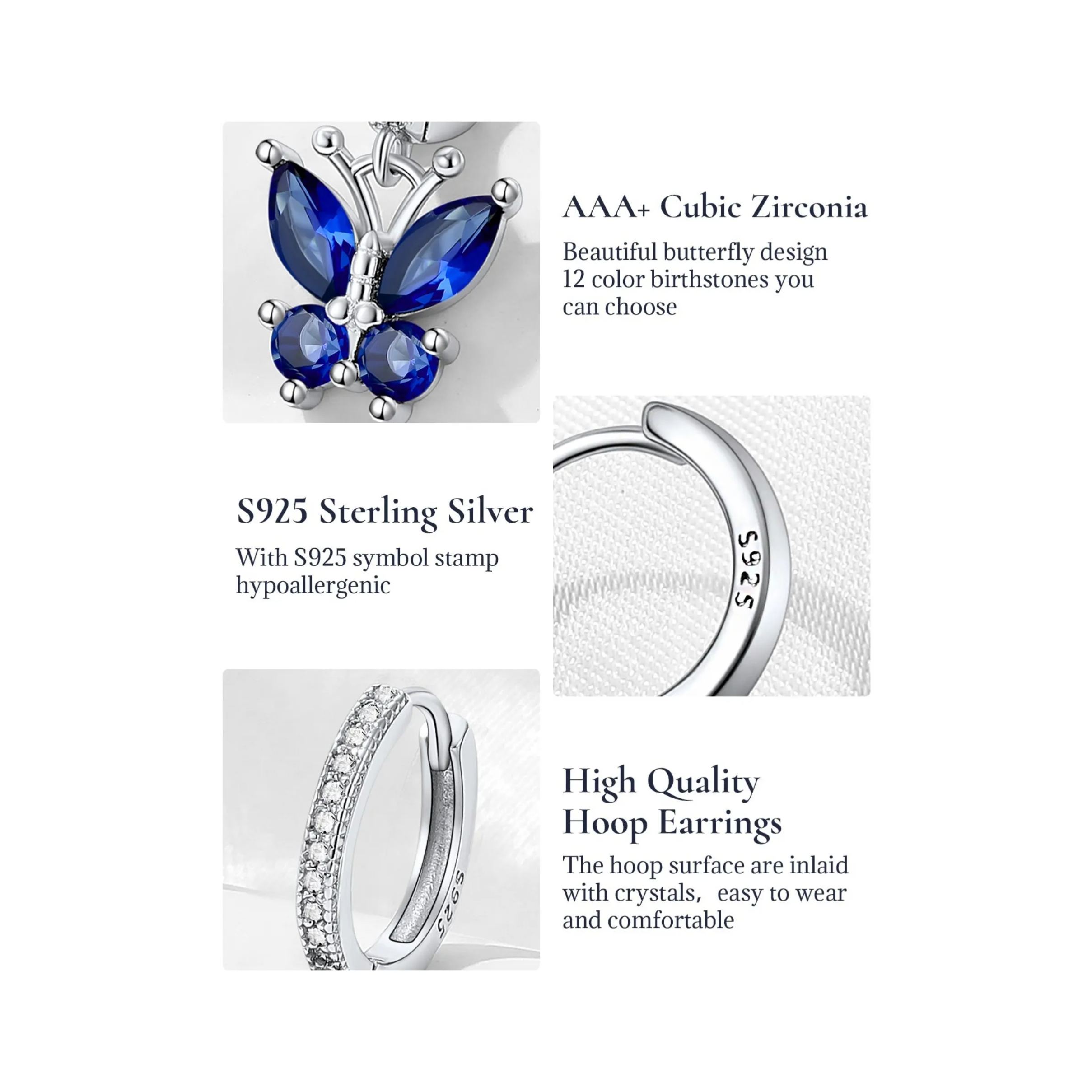 Sterling Silver & AAA+ Cubic Zriconia ChicSilver Hypoallergenic Butterfly Birthstone Hoop Dangle Earrings 