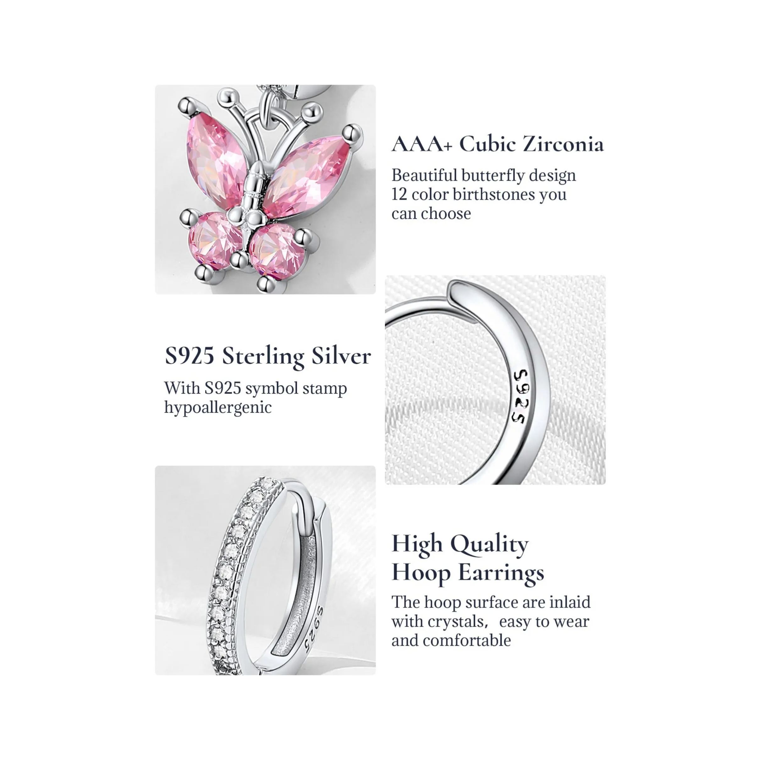 Sterling Silver & AAA+ Cubic Zriconia ChicSilver Hypoallergenic Butterfly Birthstone Hoop Dangle Earrings 