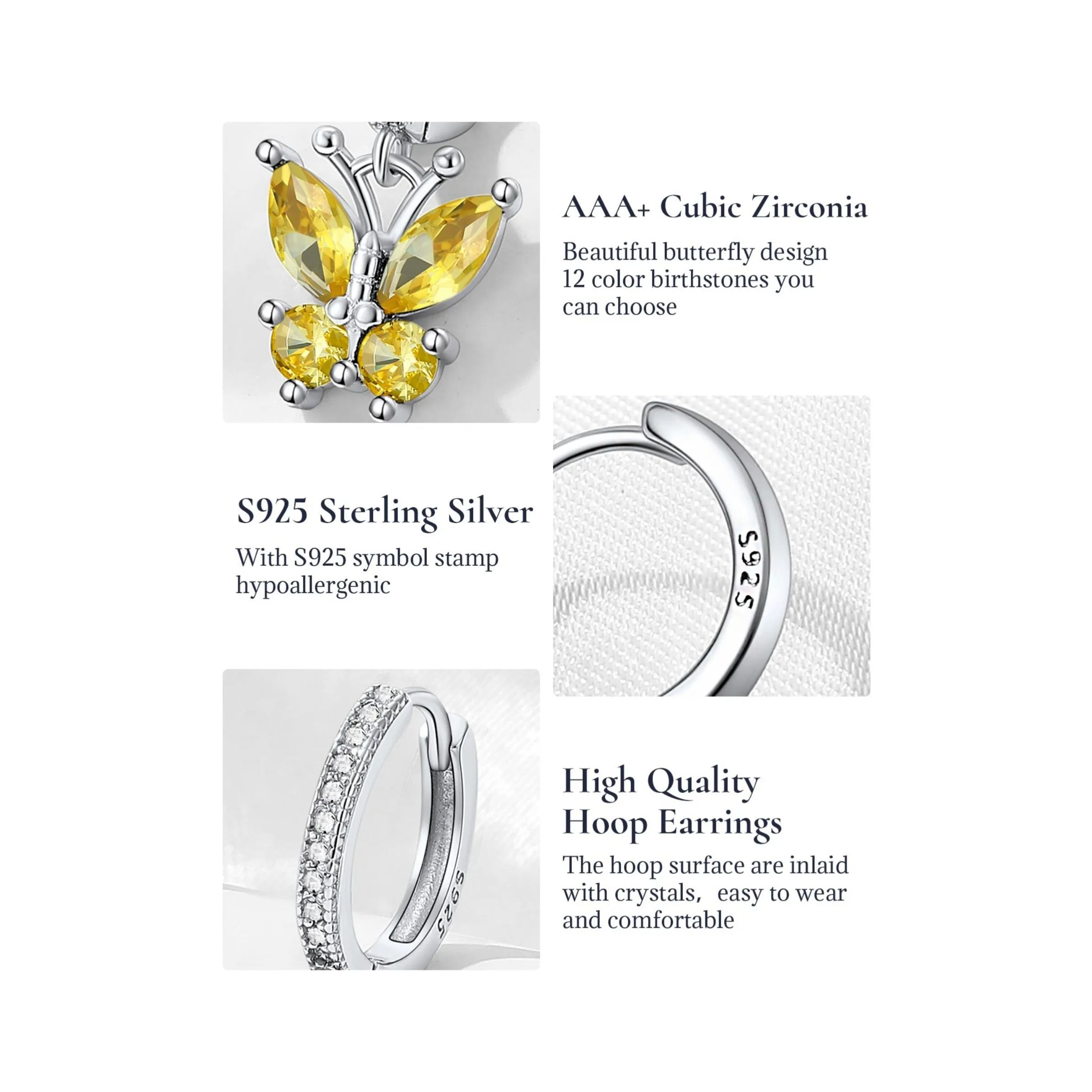 Sterling Silver & AAA+ Cubic Zriconia ChicSilver Hypoallergenic Butterfly Birthstone Hoop Dangle Earrings 